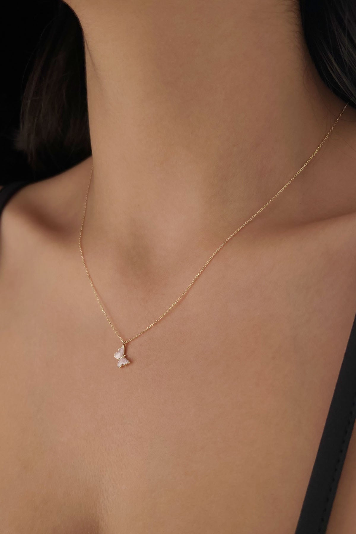 14K Gold Pink Enamel Butterfly Necklace