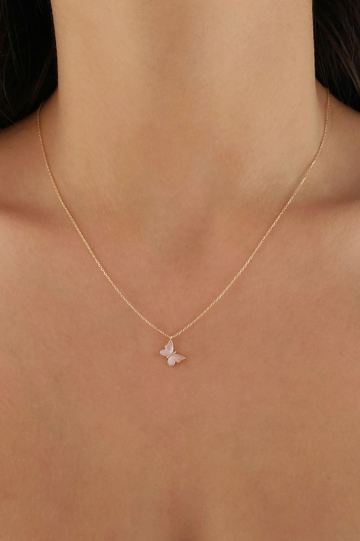 14K Gold Pink Enamel Butterfly Necklace