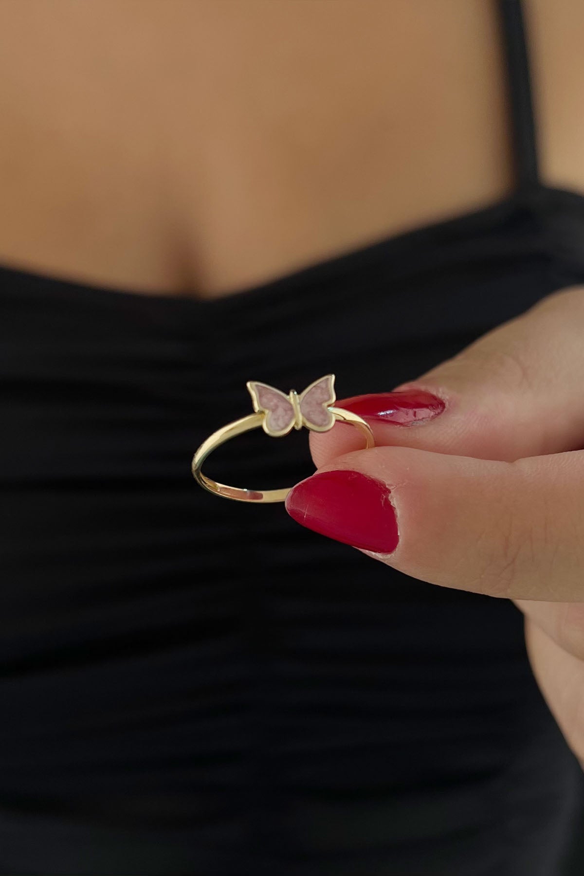 14K Gold Pink Enamel Butterfly Shape Ring