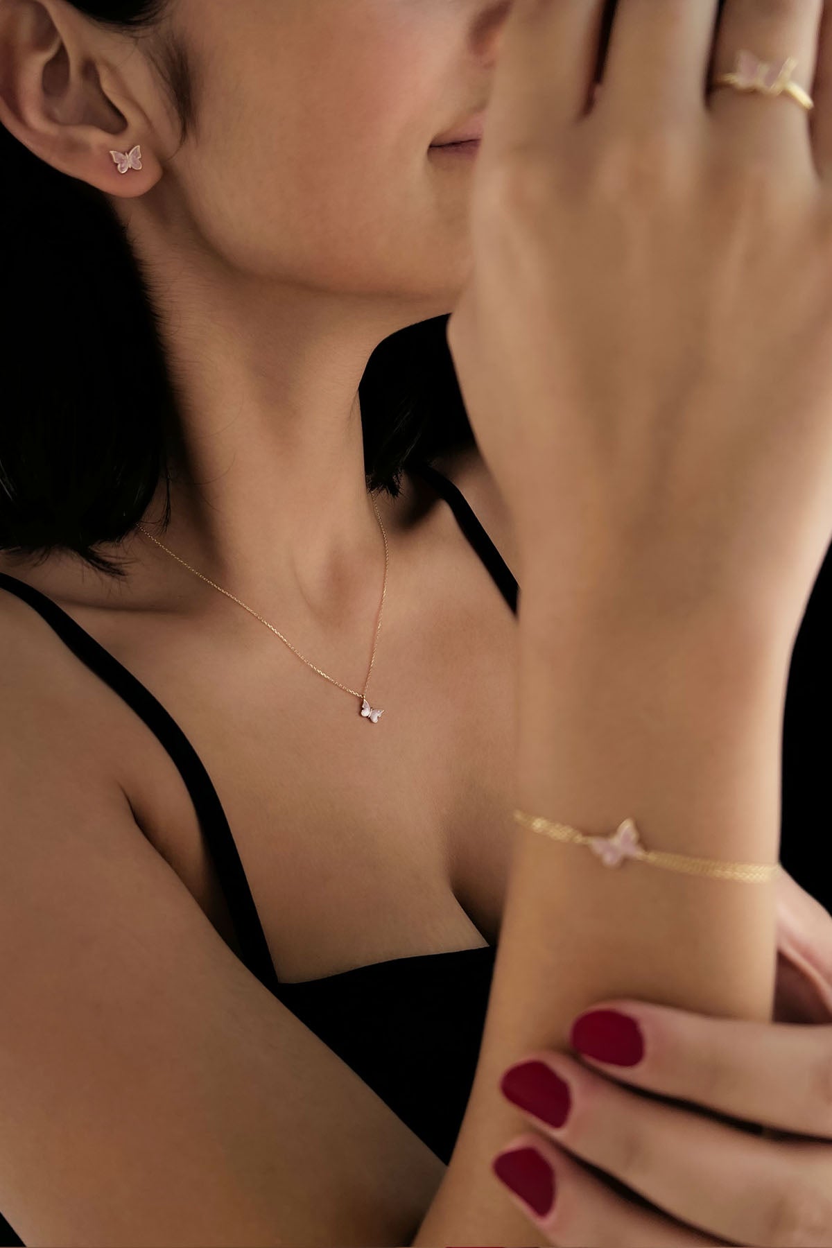 14K Gold Pink Enamel Butterfly Shape Set