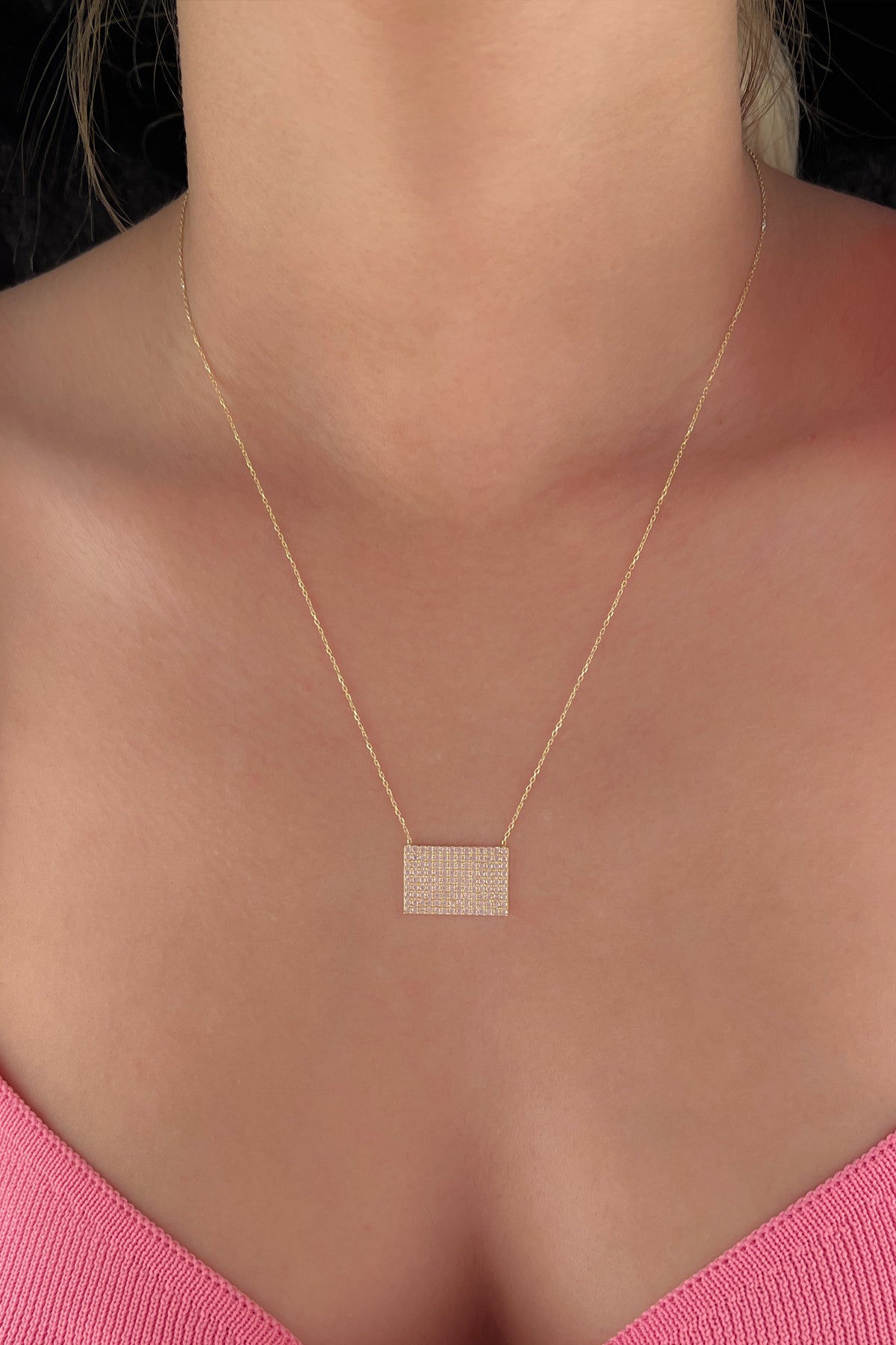 14K Gold Pink Quartz Designed Rectangle Necklace
