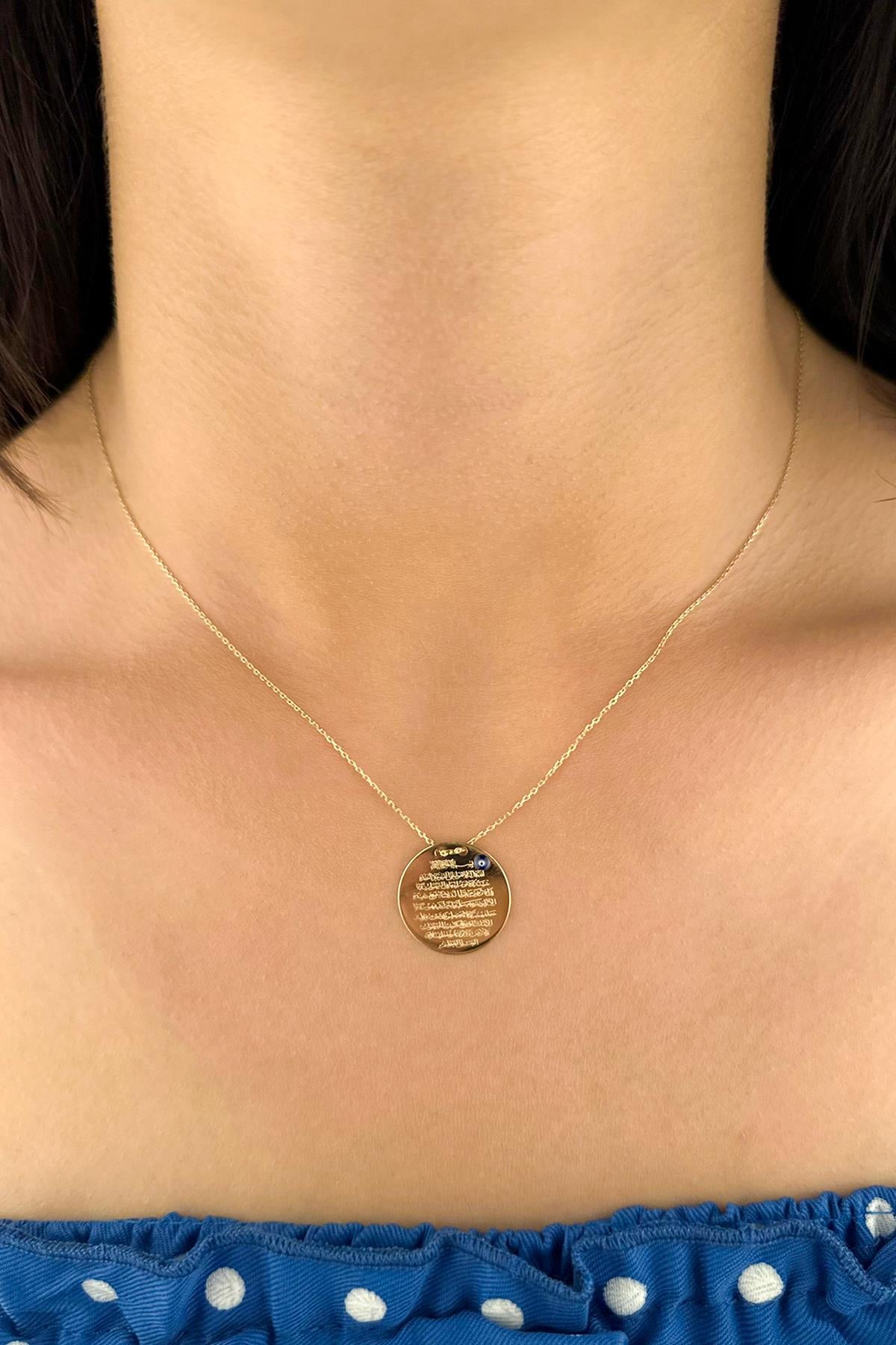 14K Gold Prayer Protection Written Round Evil Eye Necklace 0.708 inch