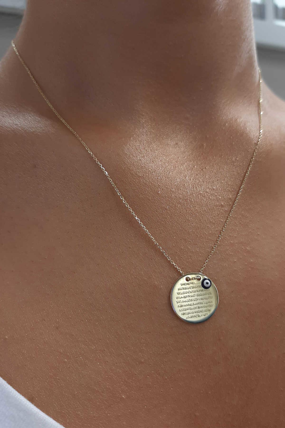 14K Gold Prayer Protection Written Round Evil Eye Necklace