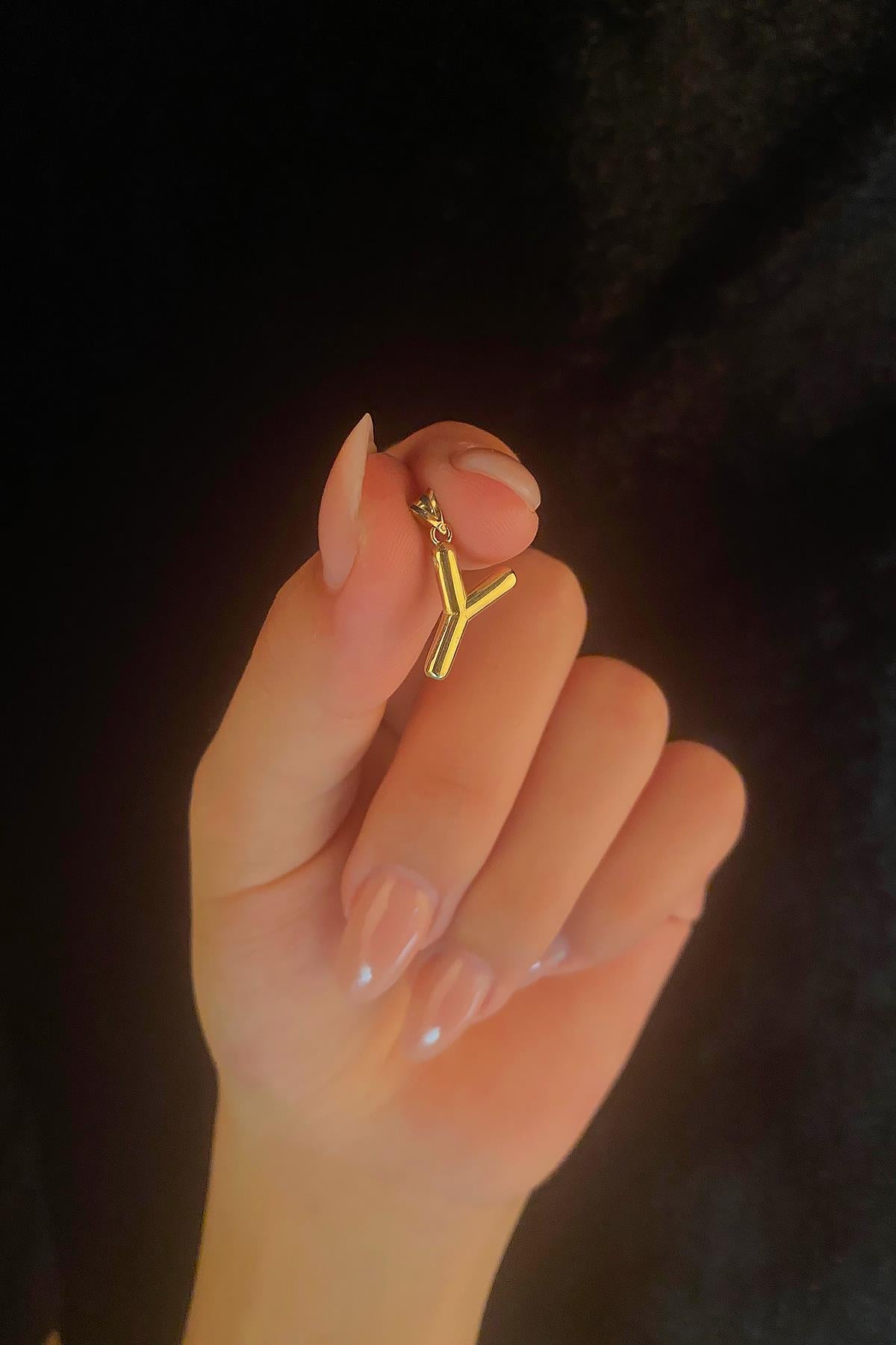 14K Gold Puff Y Letter Charm