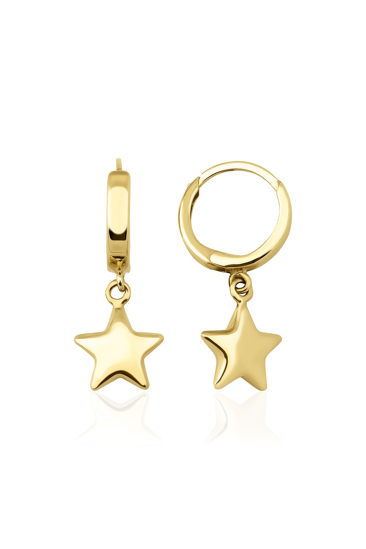 14K Gold Puffy Star Dangle Huggie Earrings