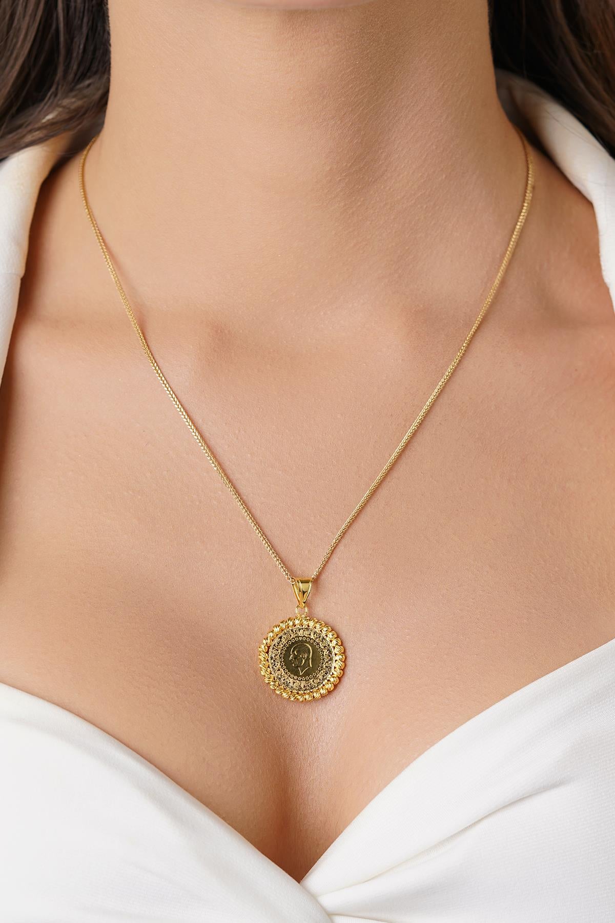 14K Solid Gold Quarter Coin with Silk Chain Necklace