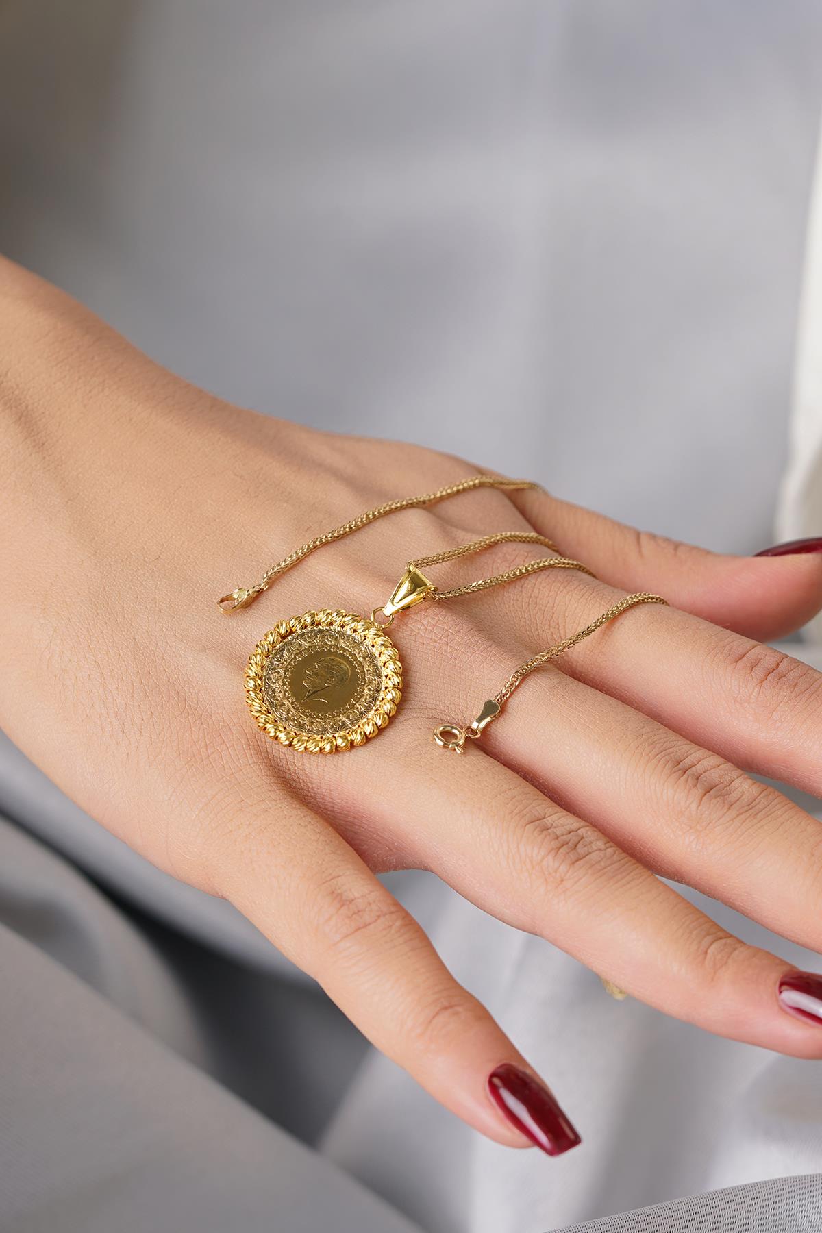 14K Solid Gold Quarter Coin with Silk Chain Necklace
