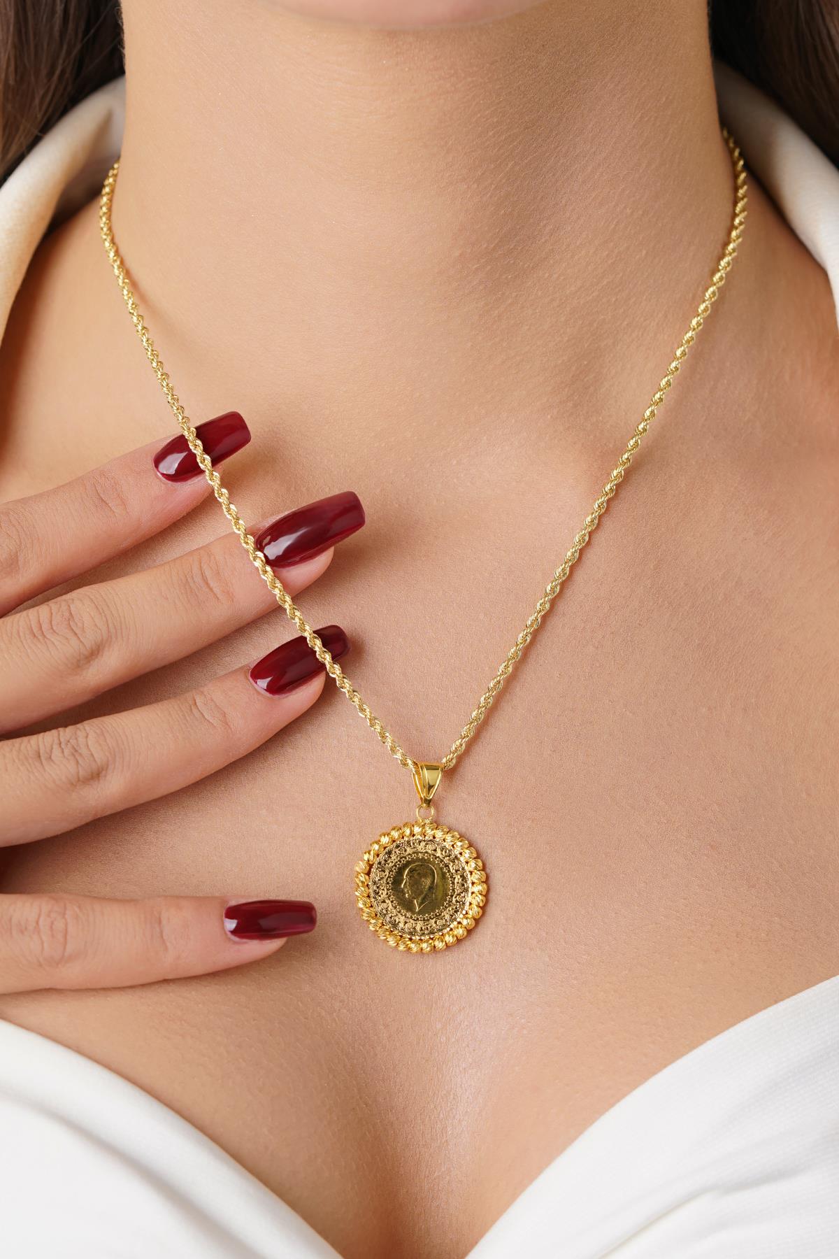 14K Solid Gold Quarter Coin with Twisted Rope Chain Necklace