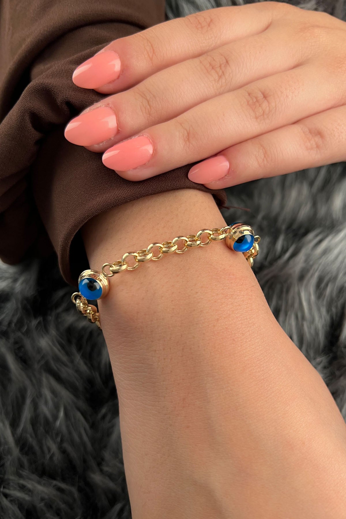 14K Gold Rolo 3 Evil Eye Bracelet