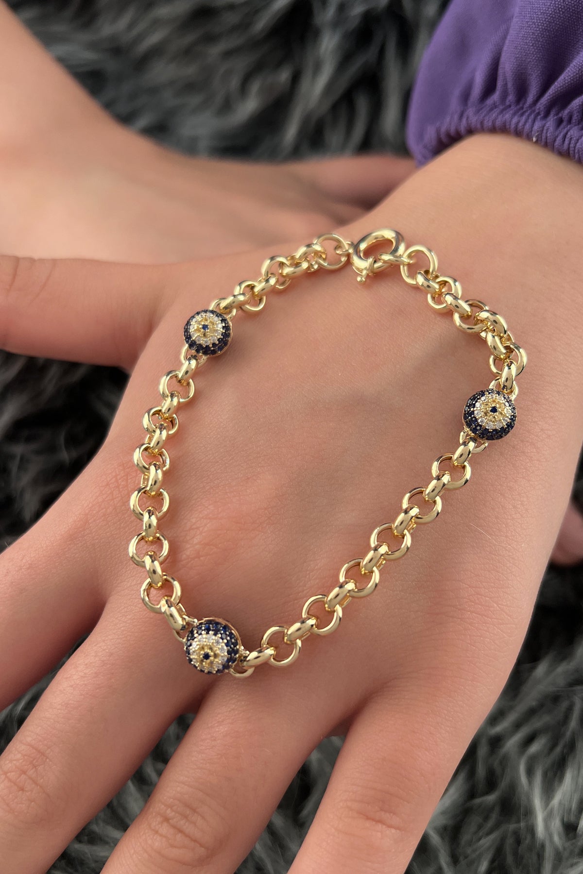 14K Gold Rolo Bracelet Evil Eye Bracelet