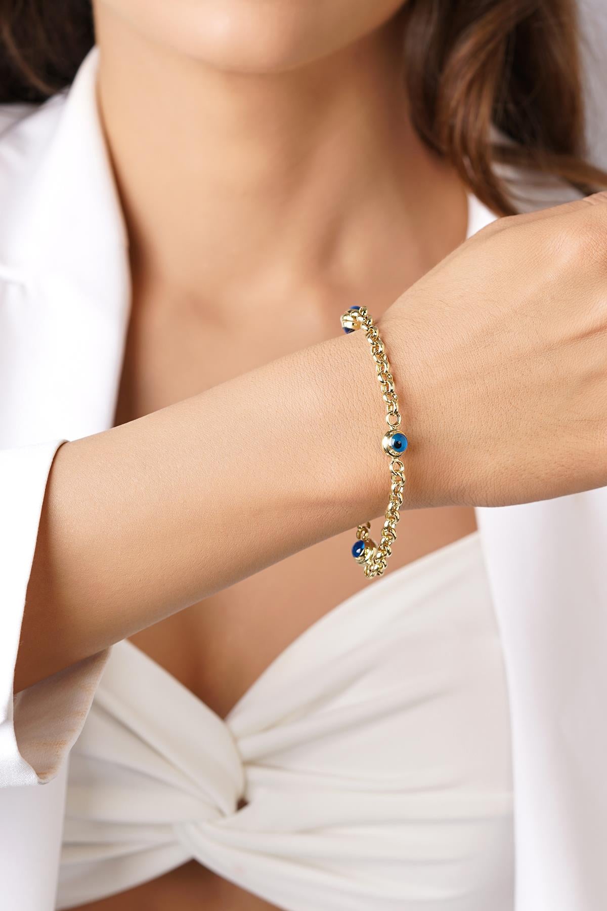 14K Gold Rolo Evil Eye Bracelet