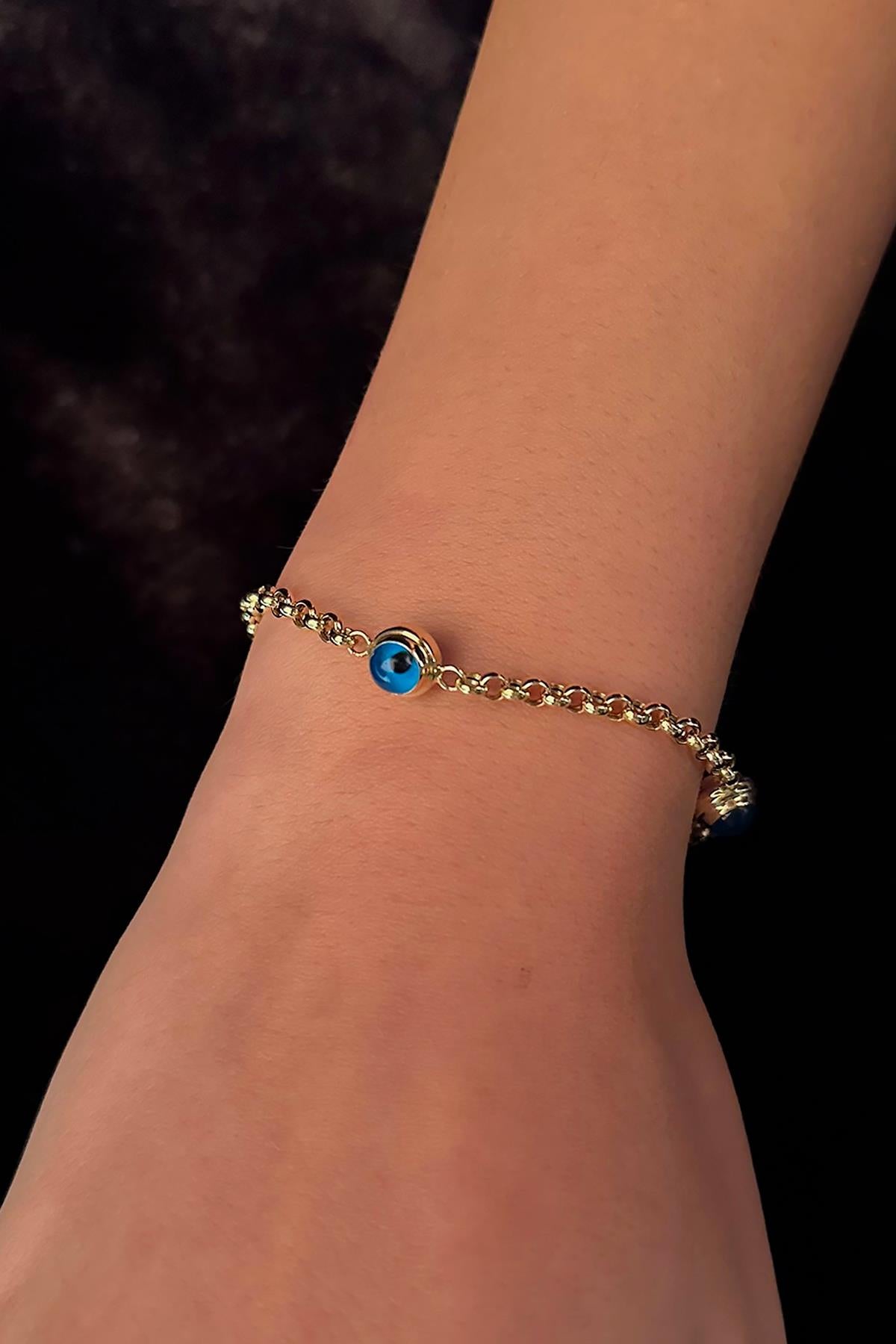 14K Gold Rolo Evil Eye Bracelet