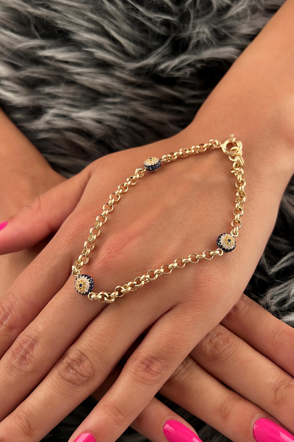 14K Gold Rolo Evil Eye Bracelet