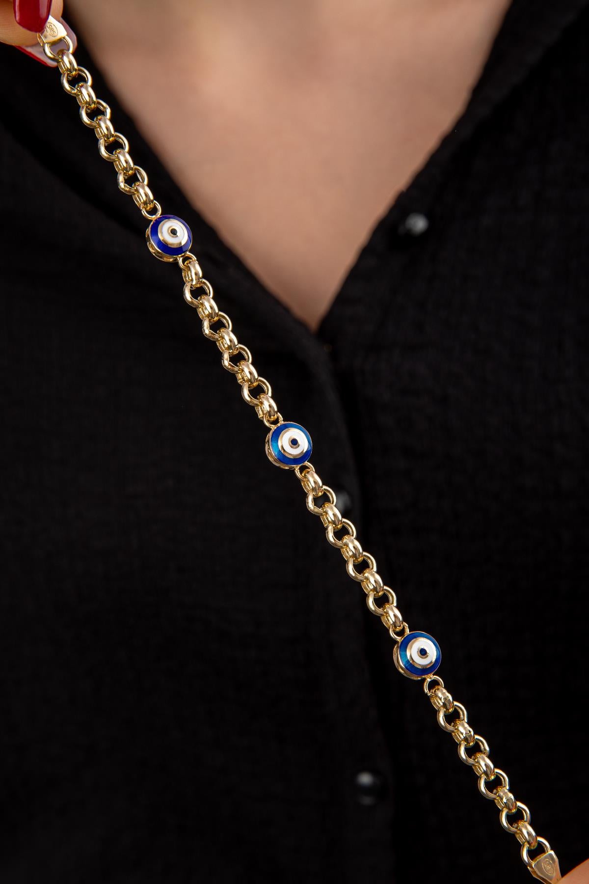 14K Gold Rolo Evil Eyes Bracelet