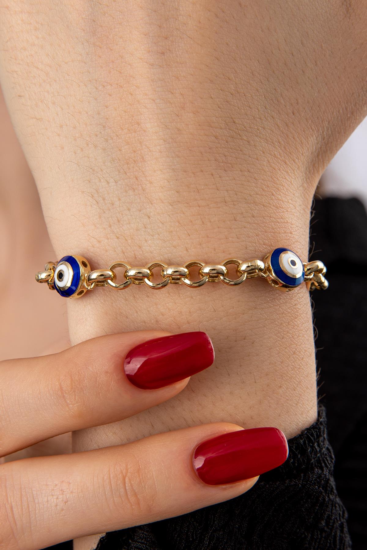 14K Gold Rolo Evil Eyes Bracelet