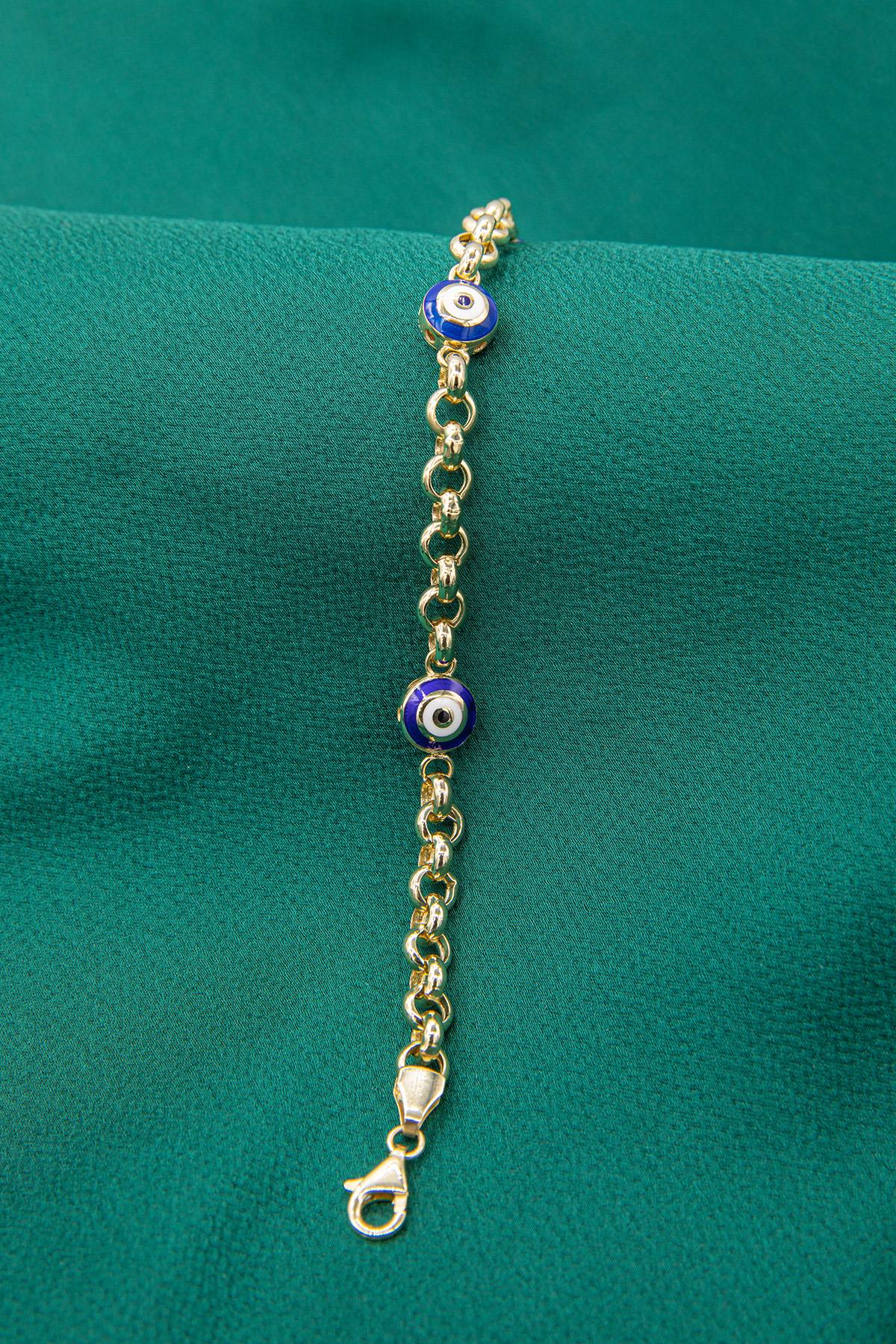 14K Gold Rolo Evil Eyes Bracelet