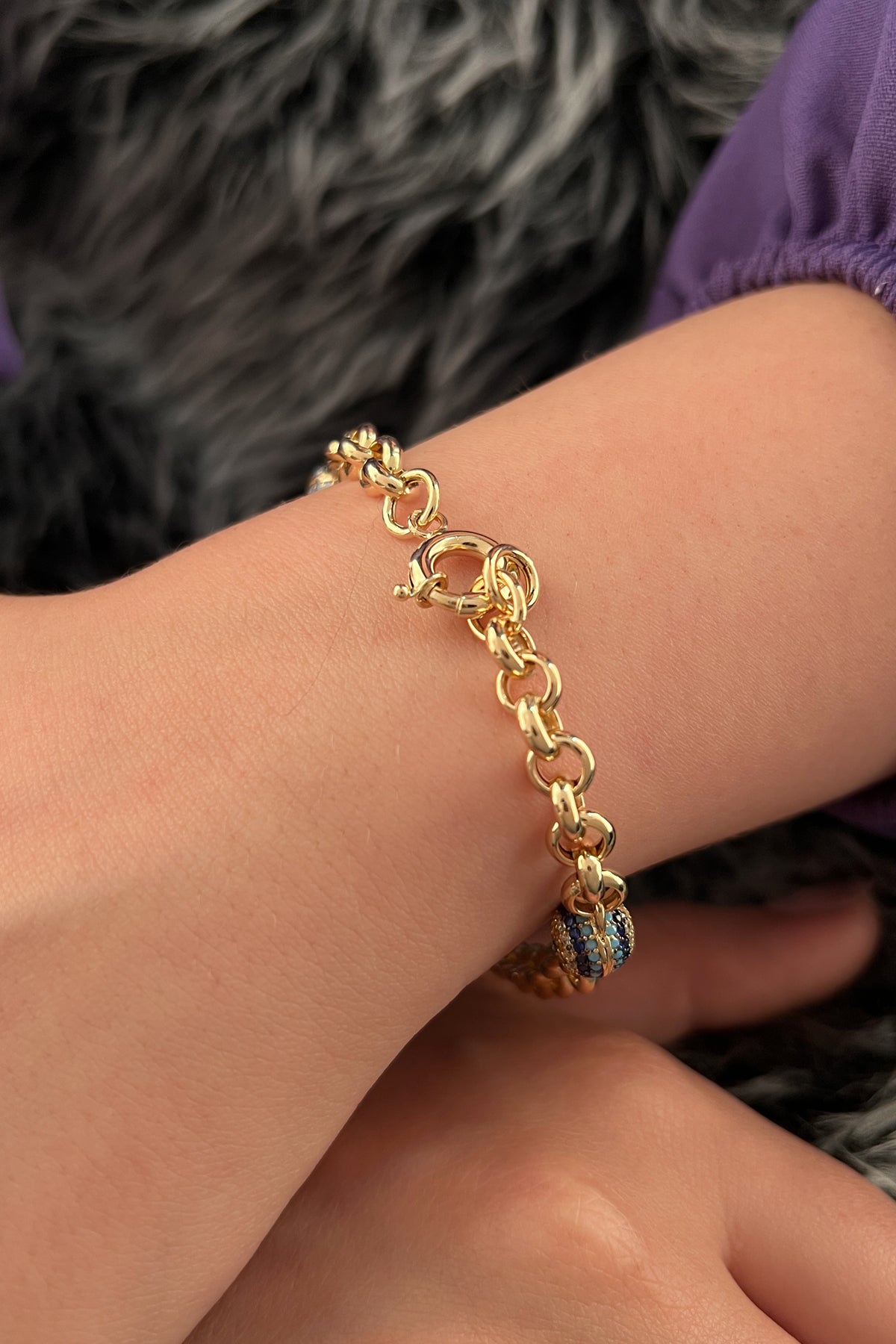 14K Gold Rolo Turquoise Evil Eye Bracelet
