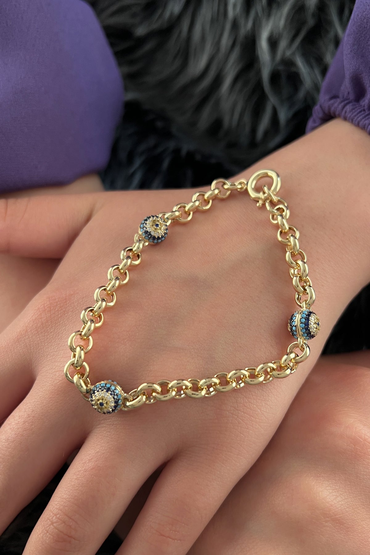 14K Gold Rolo Turquoise Evil Eye Bracelet