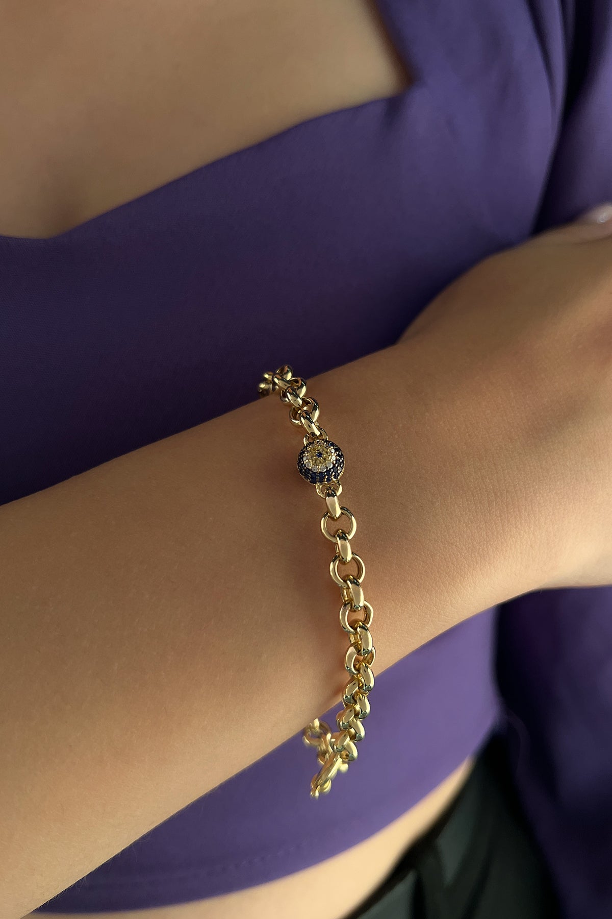 14K Gold Rolo With 1 Evil Eye Bracelet
