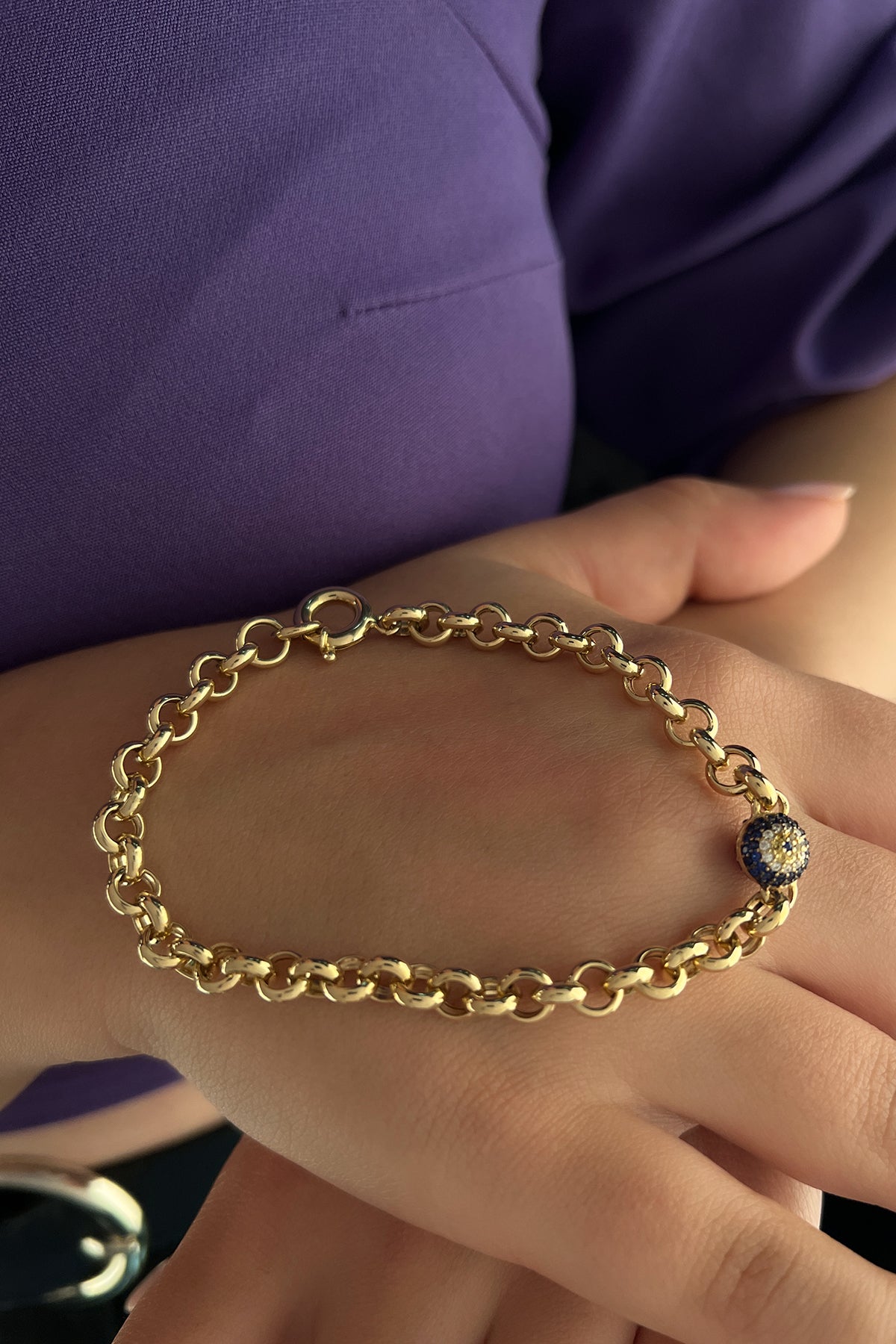 14K Gold Rolo With 1 Evil Eye Bracelet