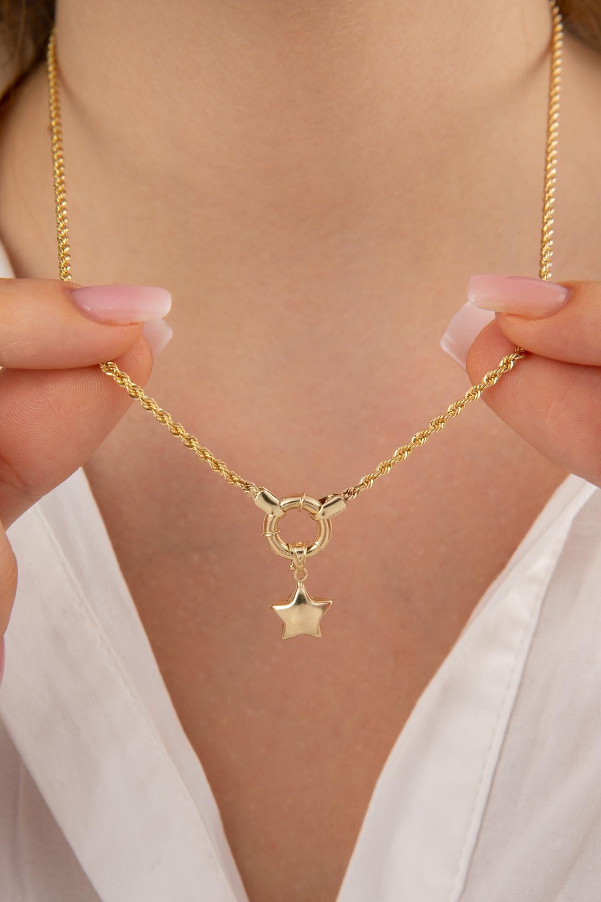 14K Gold Rope Chain Puffed Faceted Star Necklace