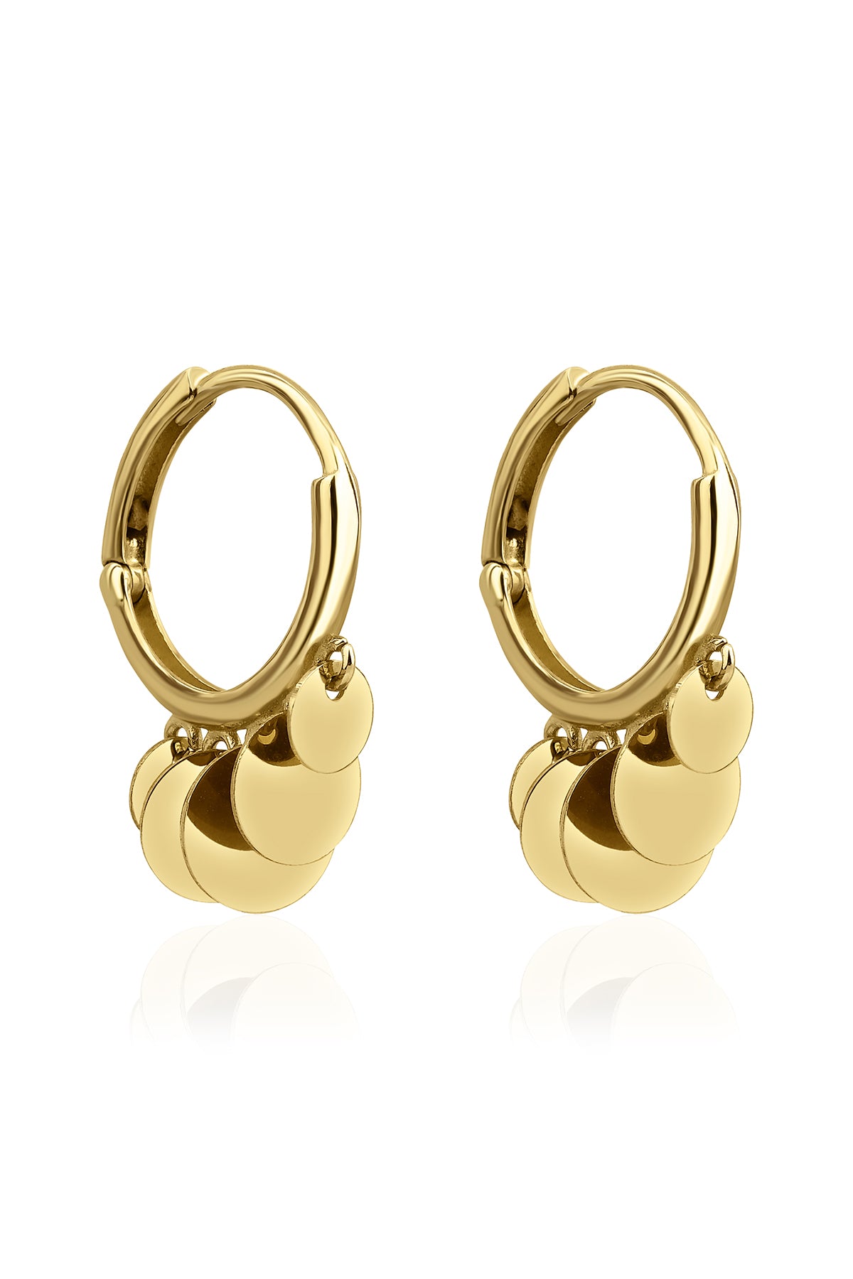 14K Gold Round Sequin Dangle Huggie Earrings 2