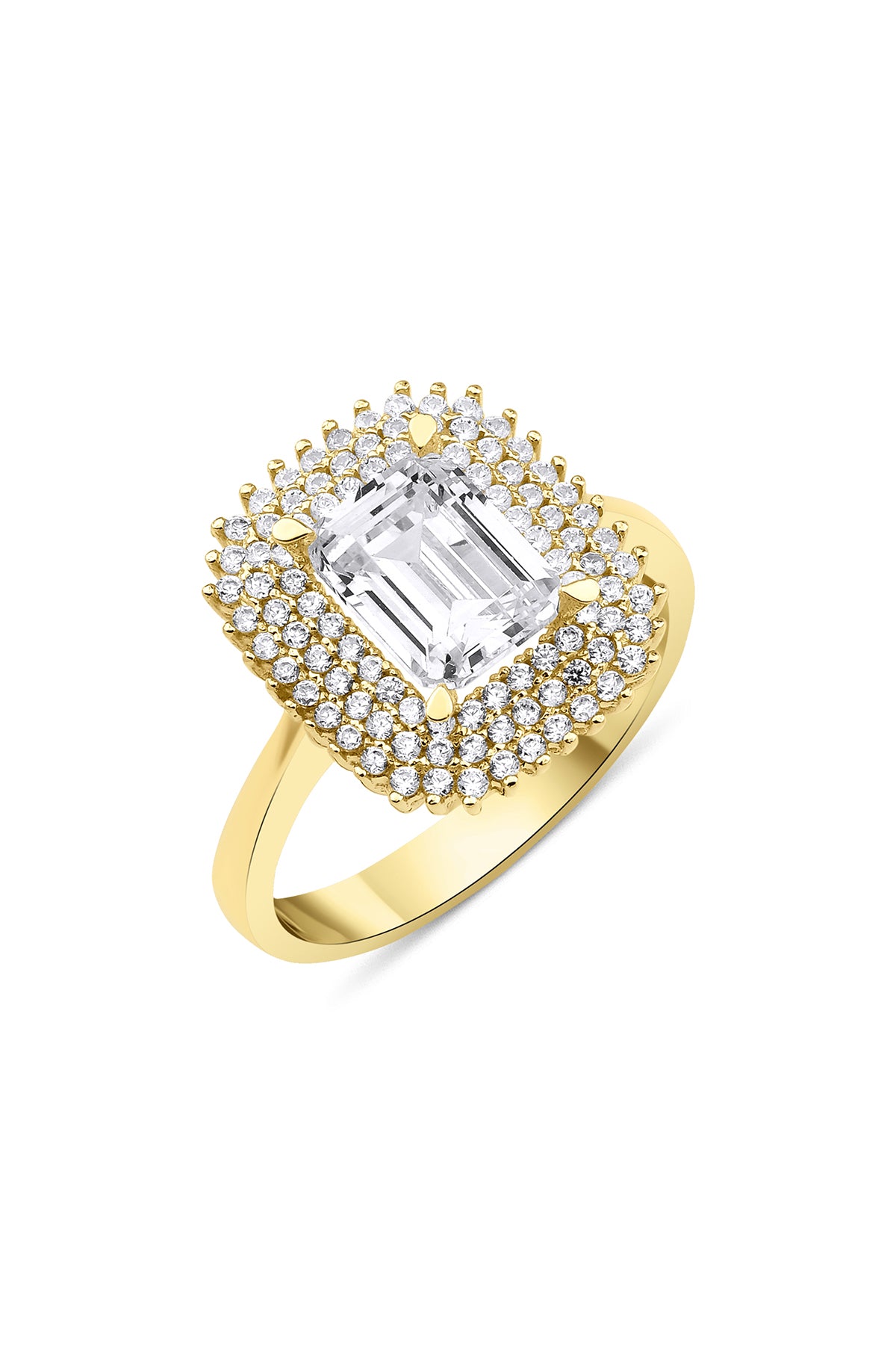 14K Gold Round Stone Rectangel Cluster Baguette Ring