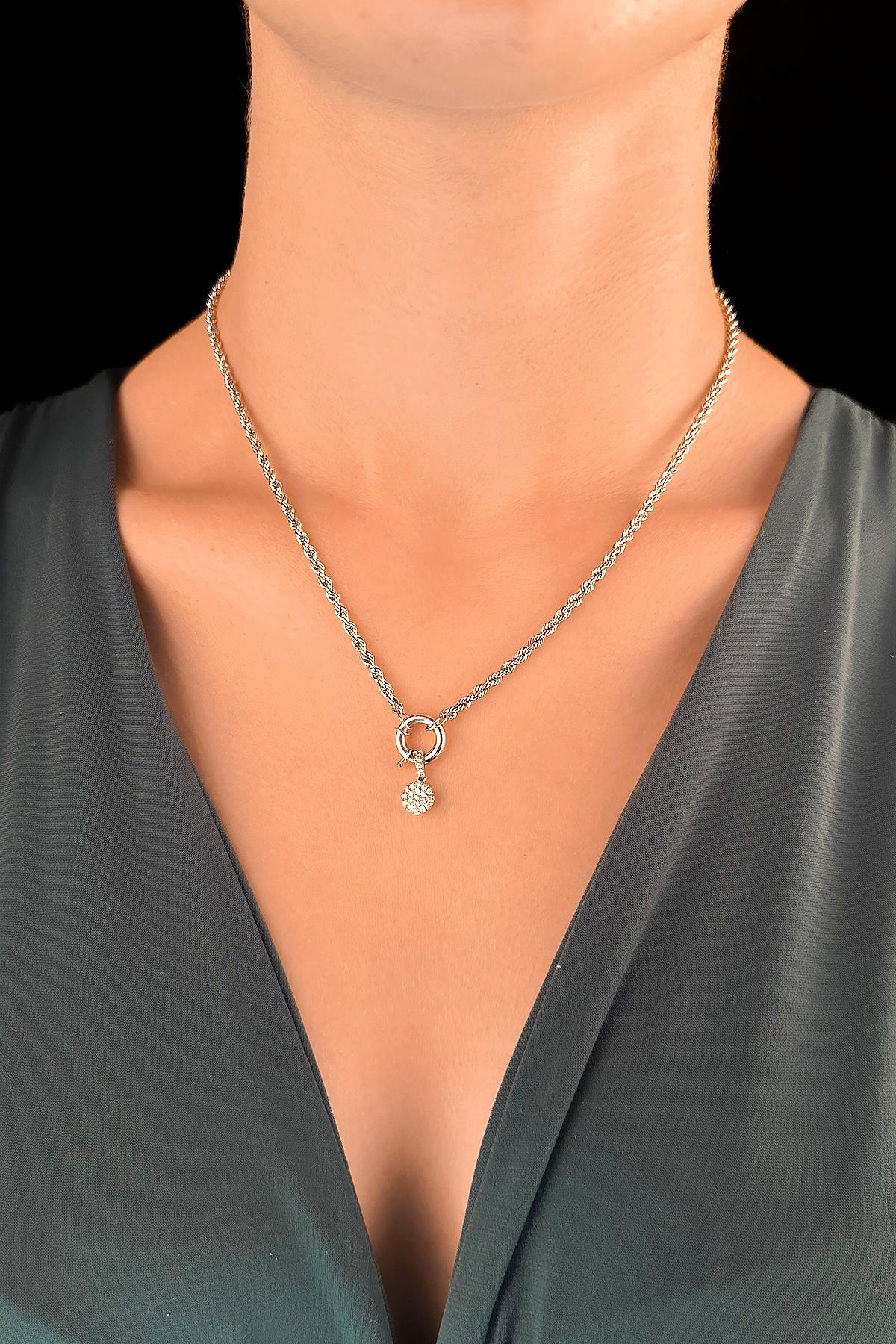 14K Gold Sailor Clasp Rope Chain Round Baguette Stone Necklace