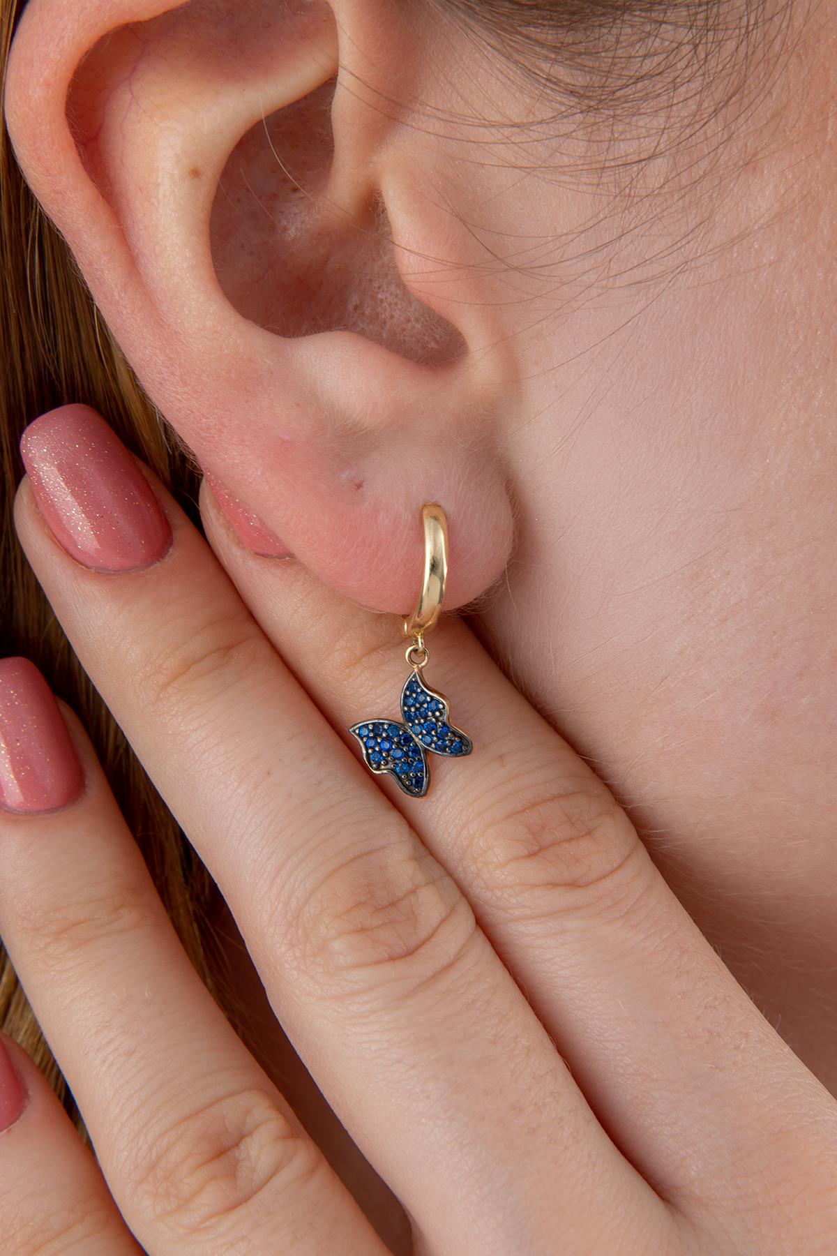 14K Gold Sapphire Stone Butterfly Huggie Earrings