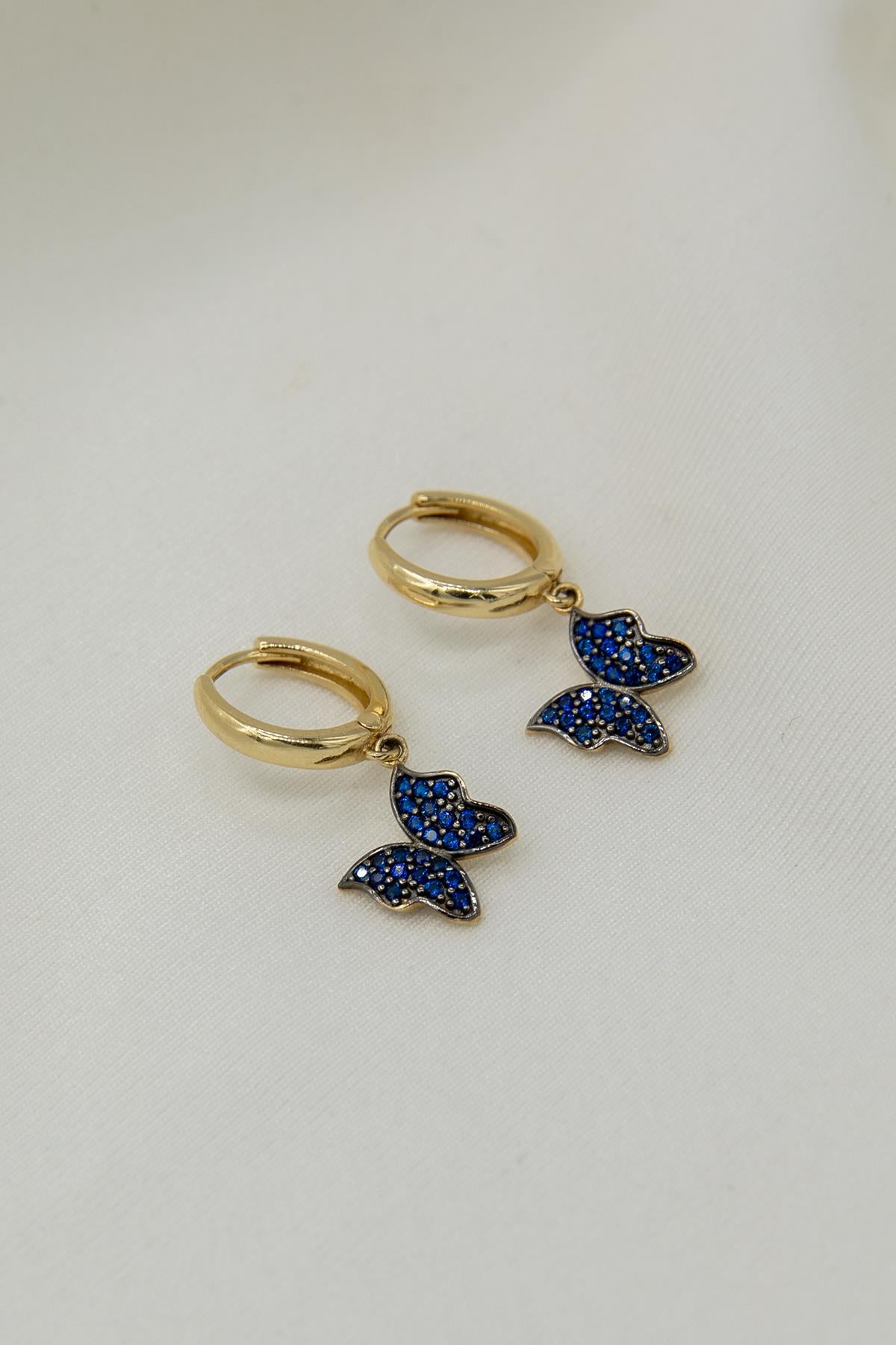 14K Gold Sapphire Stone Butterfly Huggie Earrings