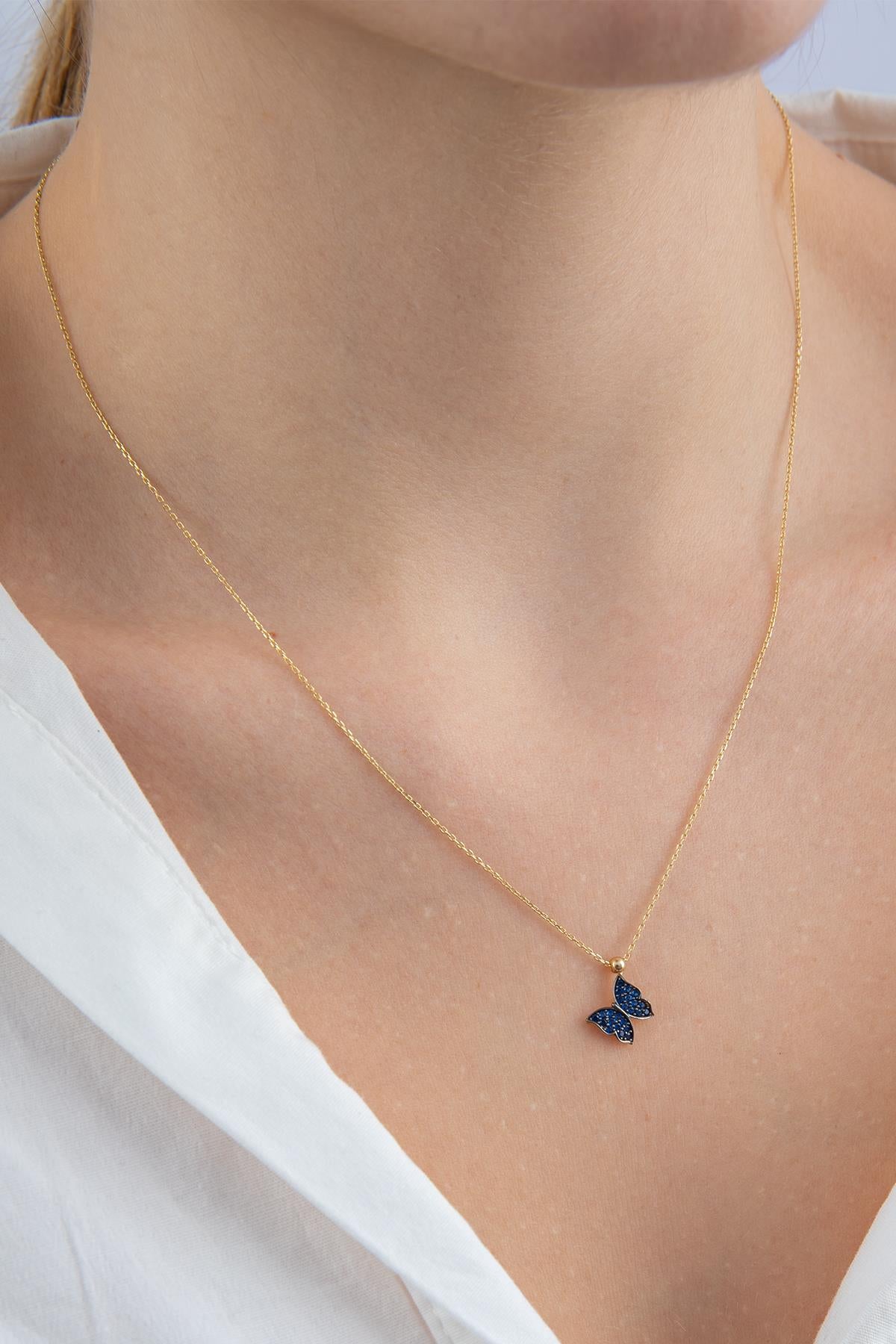 14K Gold Sapphire Stone Butterfly Necklace
