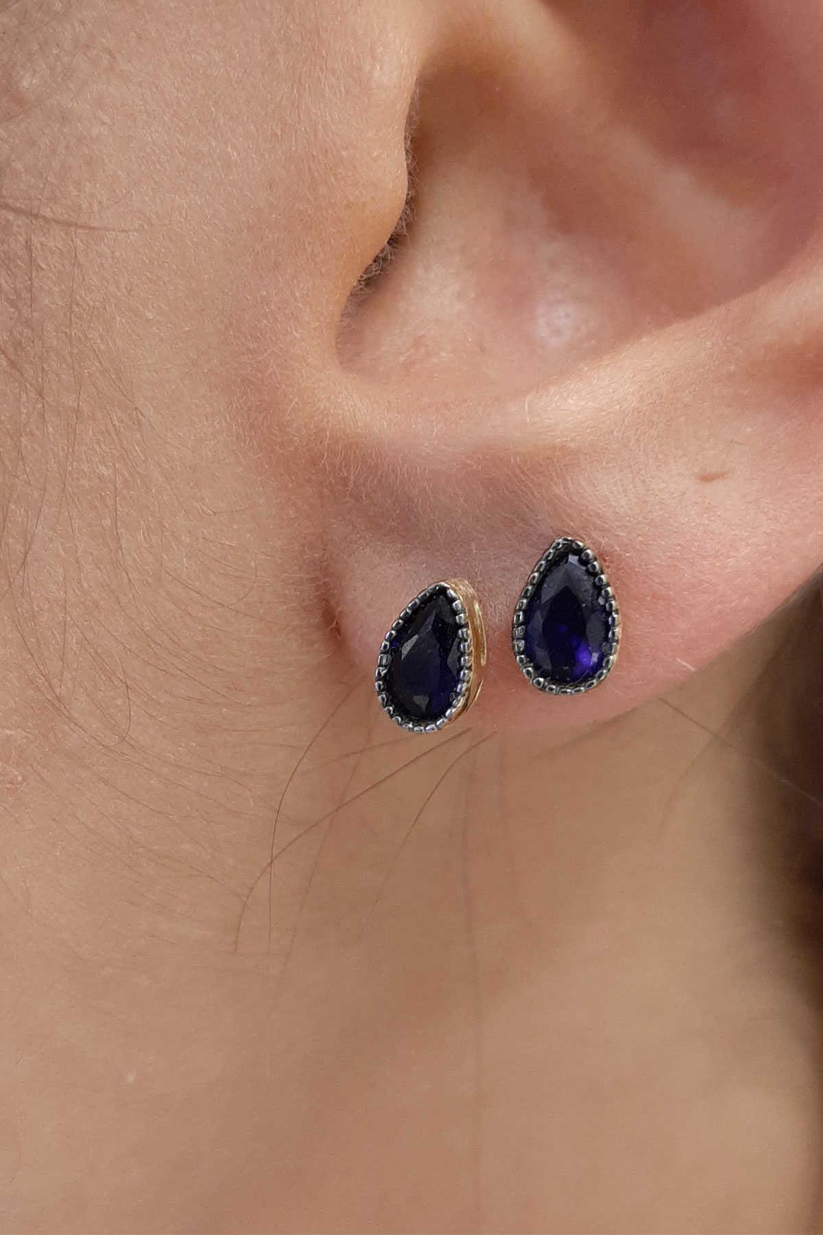 14K Gold Sapphire Stone Drop Shape Stud Earrings