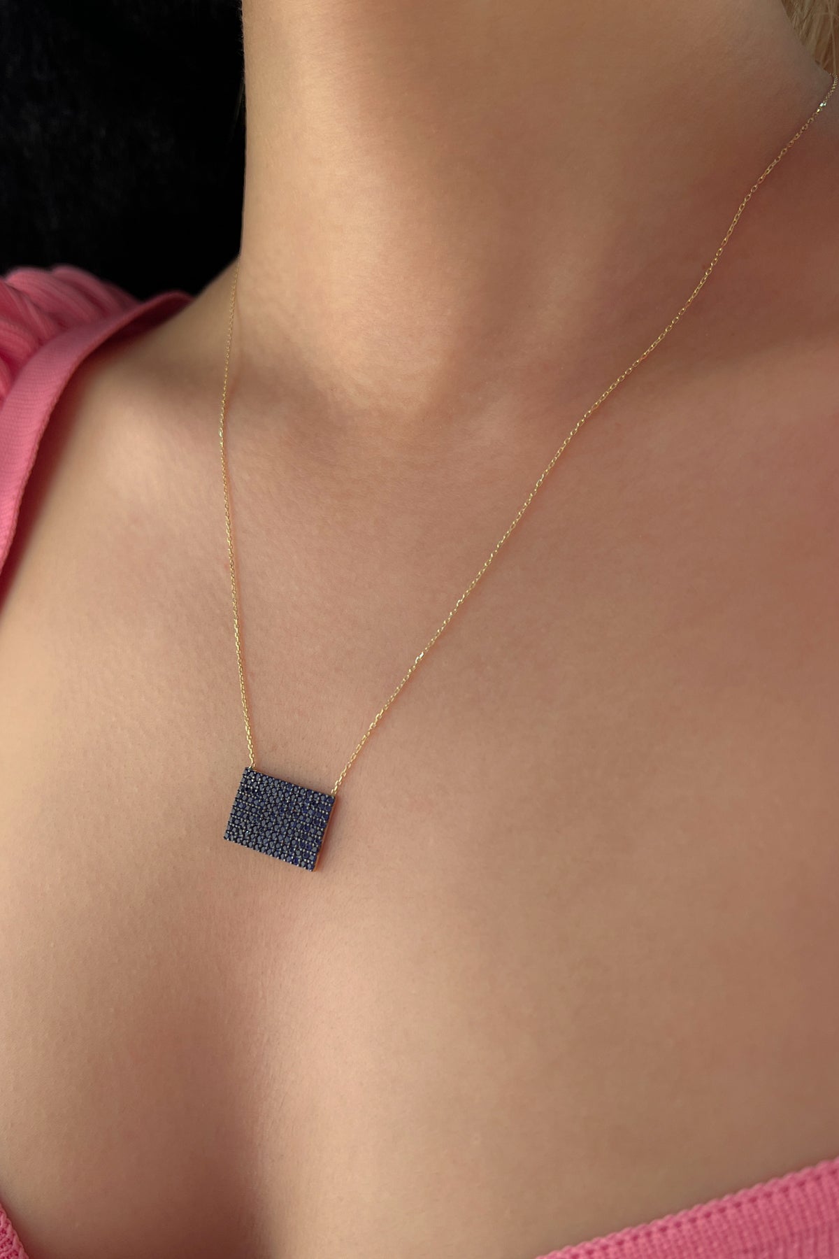 14K Gold Sapphire Stones Designed Rectangle Necklace