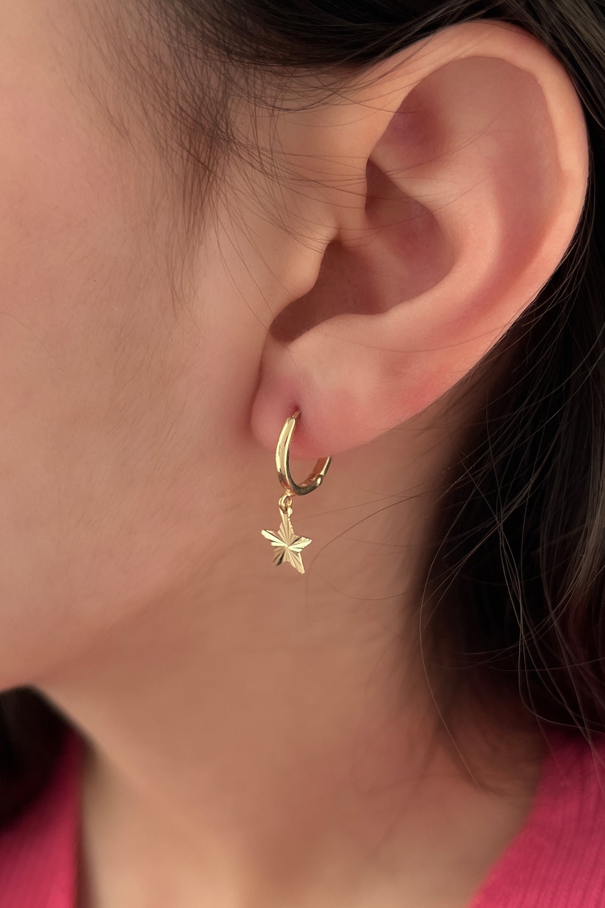 14K Gold Shiny Star Dangle Huggie Earrings