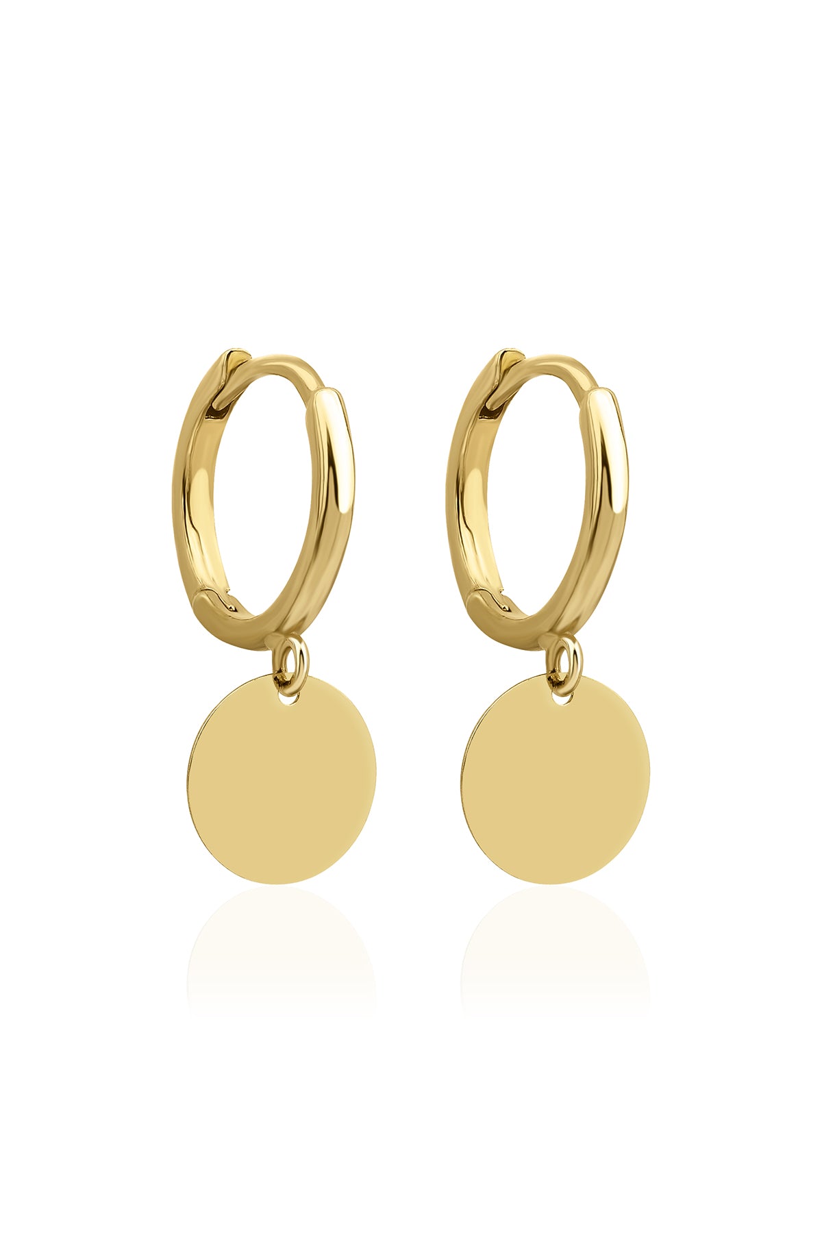 14K Gold Single Round Sequin Dangle Huggie Earrings