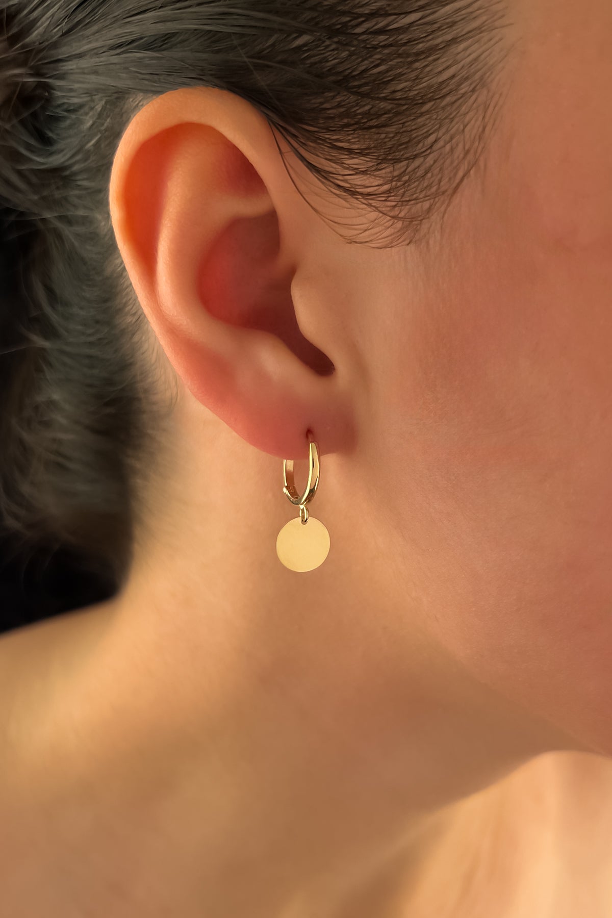 14K Gold Single Round Sequin Dangle Huggie Earrings