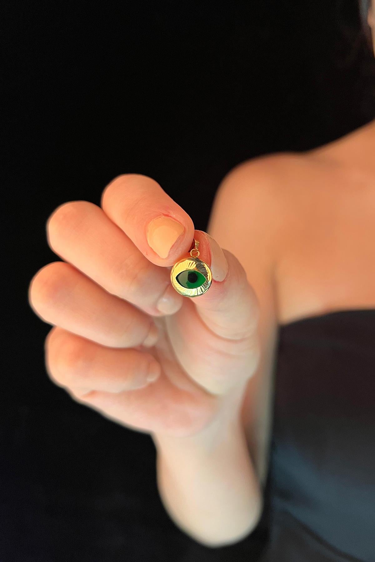 14K Gold Small Green Faceted Evil Eye Charm