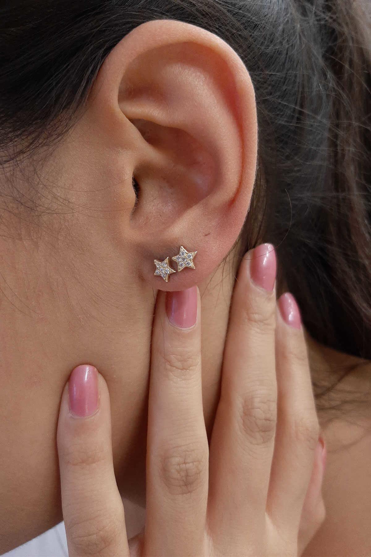 14K Gold Small Star Stone Stud Earrings