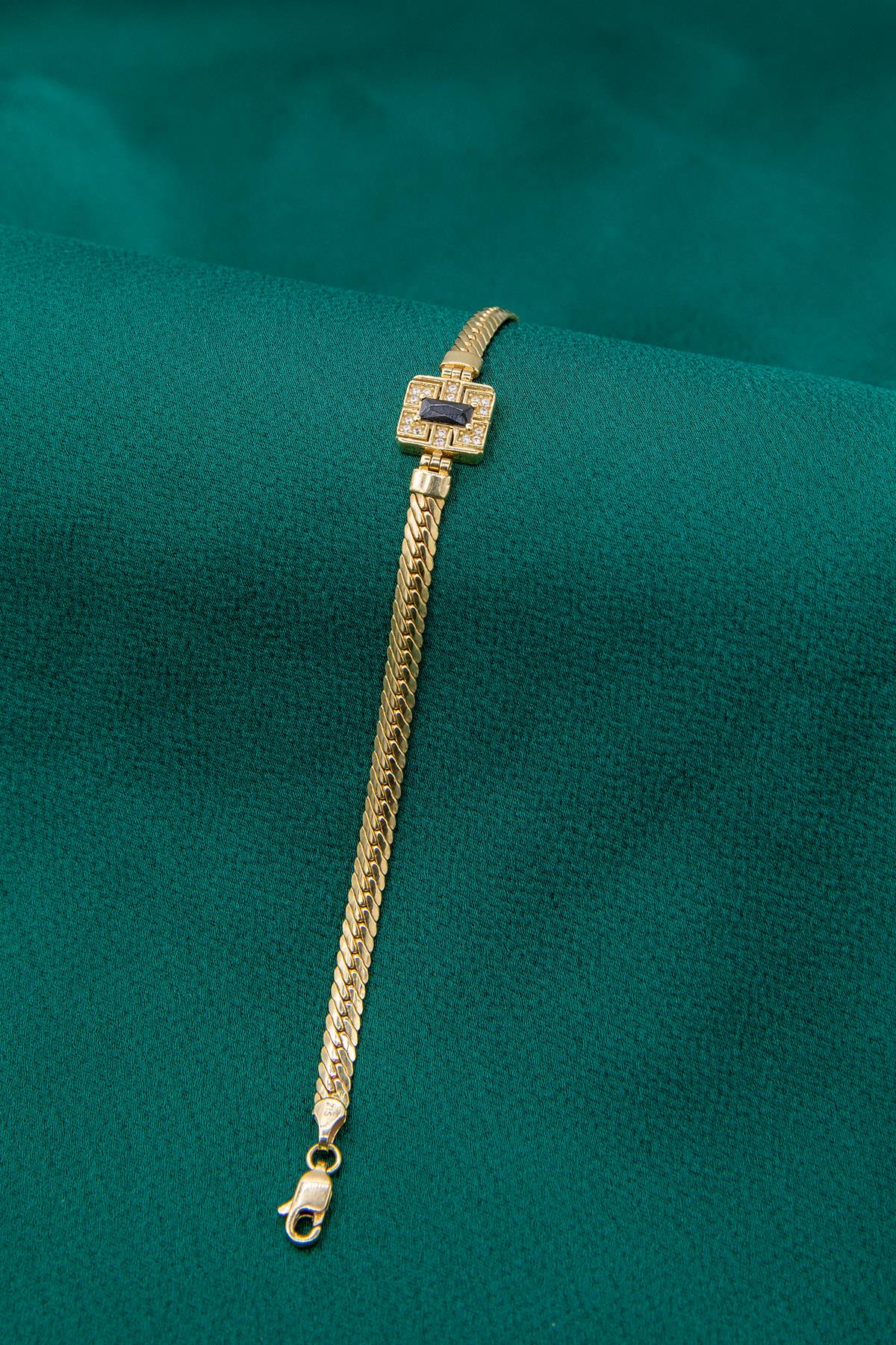 14K Gold Snake Chain Black Baguette Bracelet