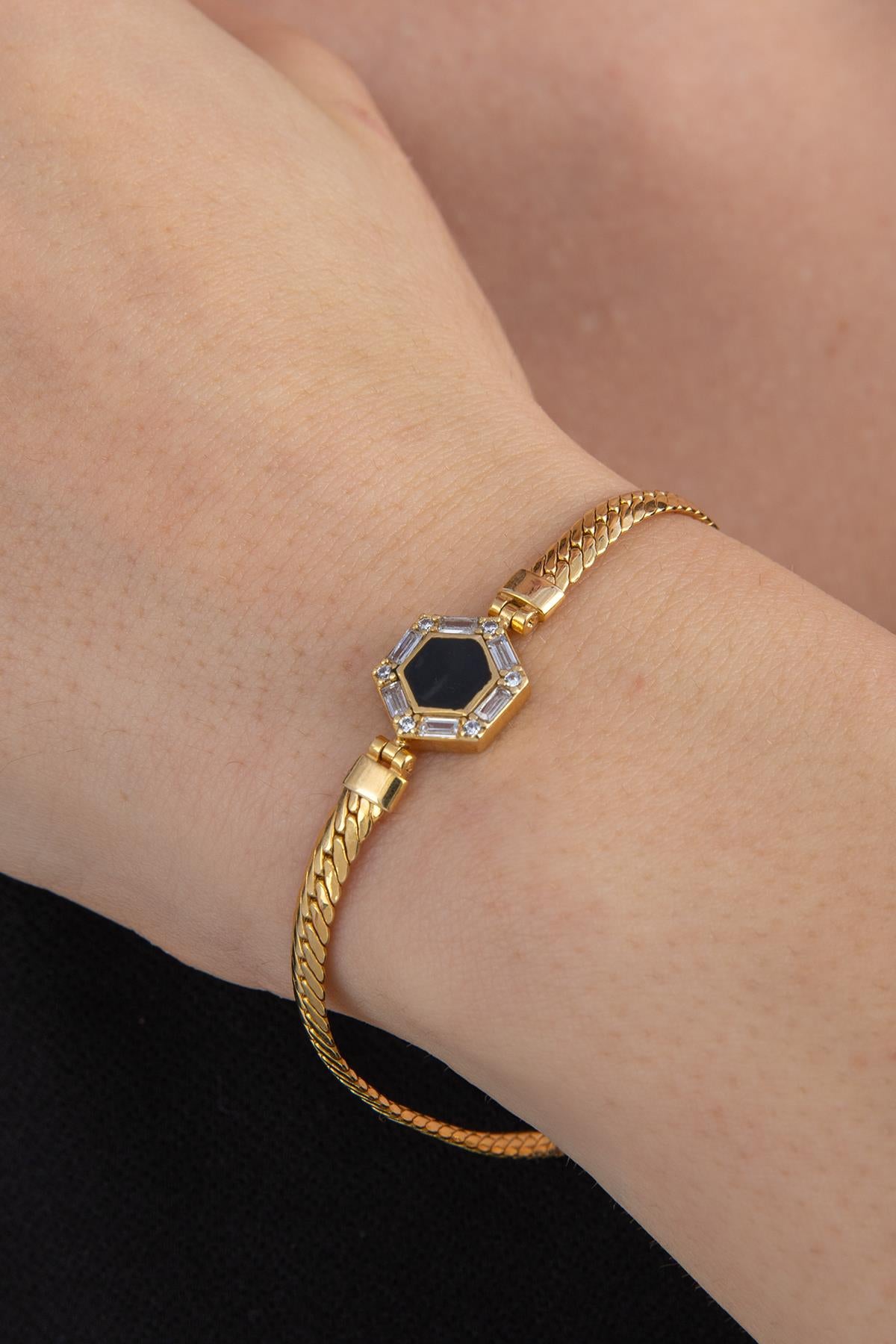 14K Gold Snake Chain Black Enamel Hexagon Shaped Bracelet