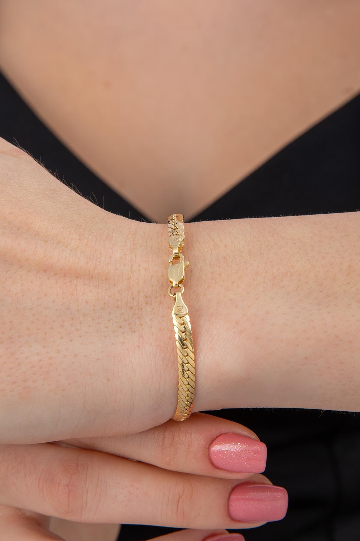 14K Gold Snake Chain Black Enamel Hexagon Shaped Bracelet