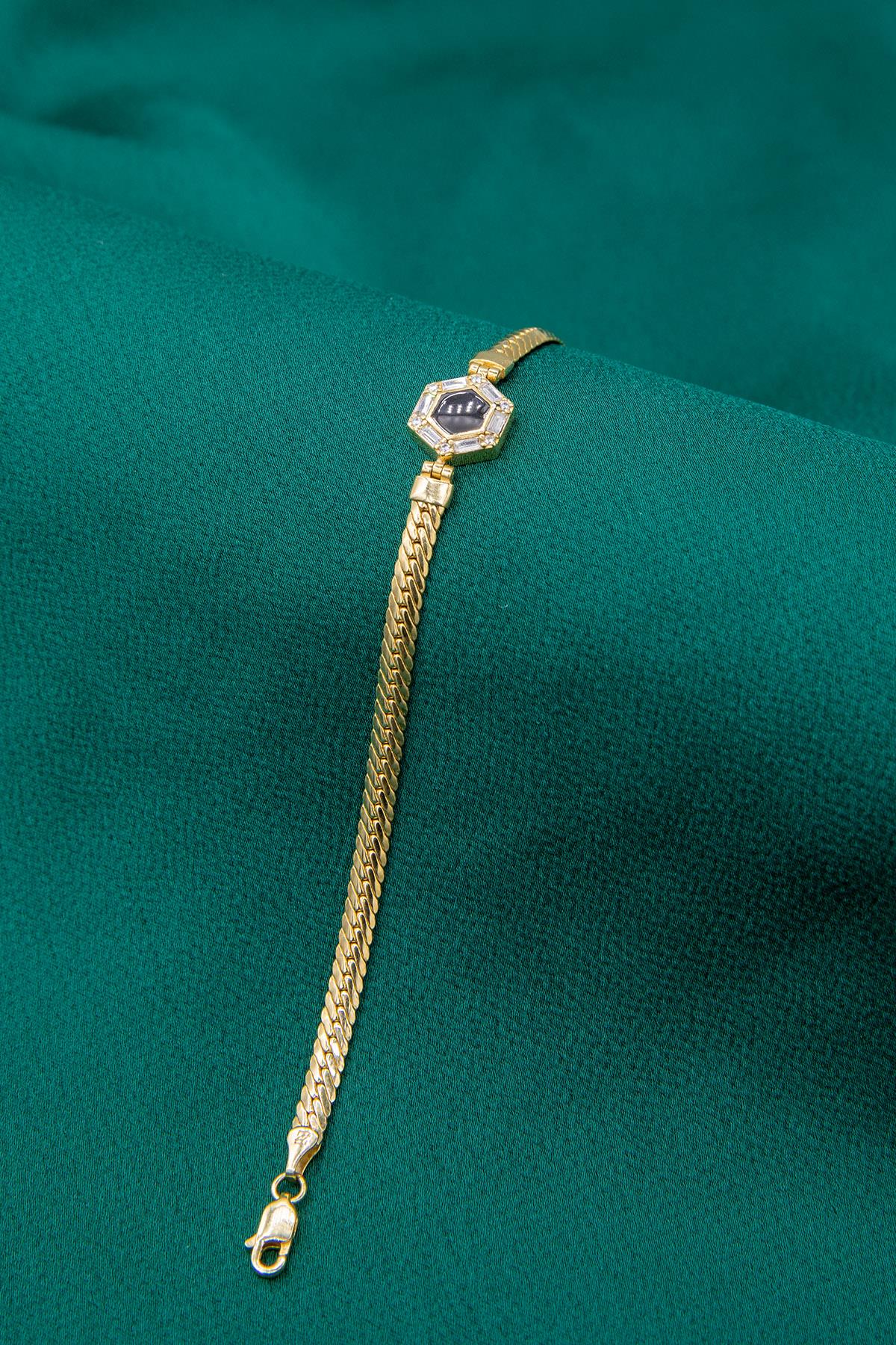 14K Gold Snake Chain Black Enamel Hexagon Shaped Bracelet