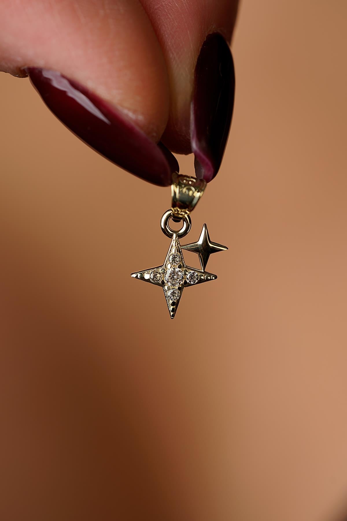 14K Solid Gold Sparkle Pave Double Star Pendant