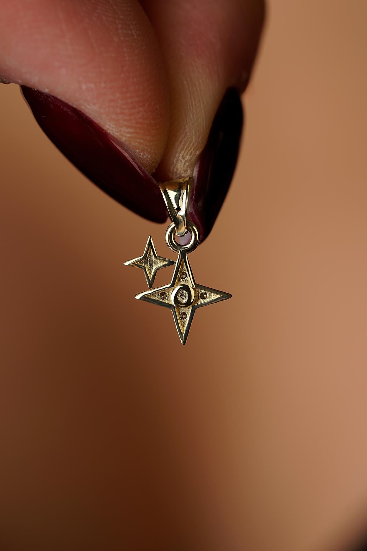 14K Solid Gold Sparkle Pave Double Star Pendant