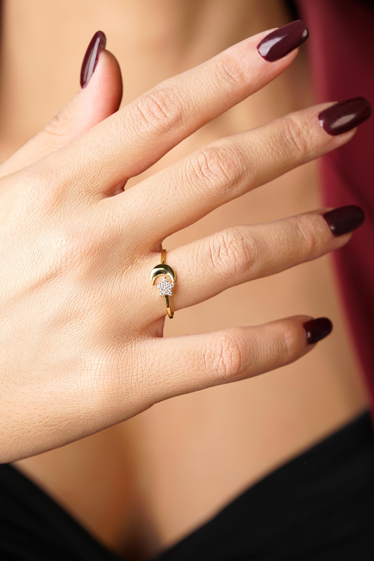 14K Gold Star Moon Ring