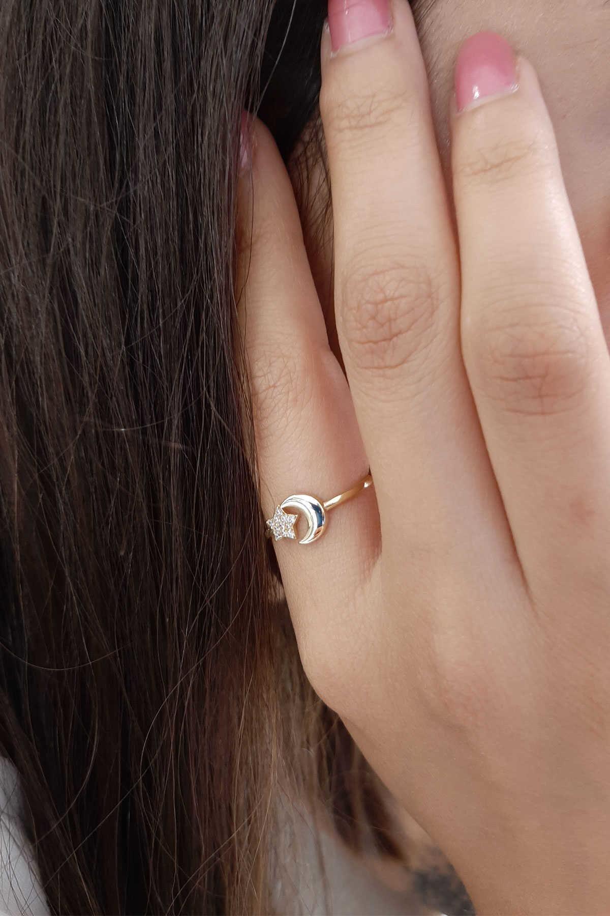 14K Gold Star Moon Ring