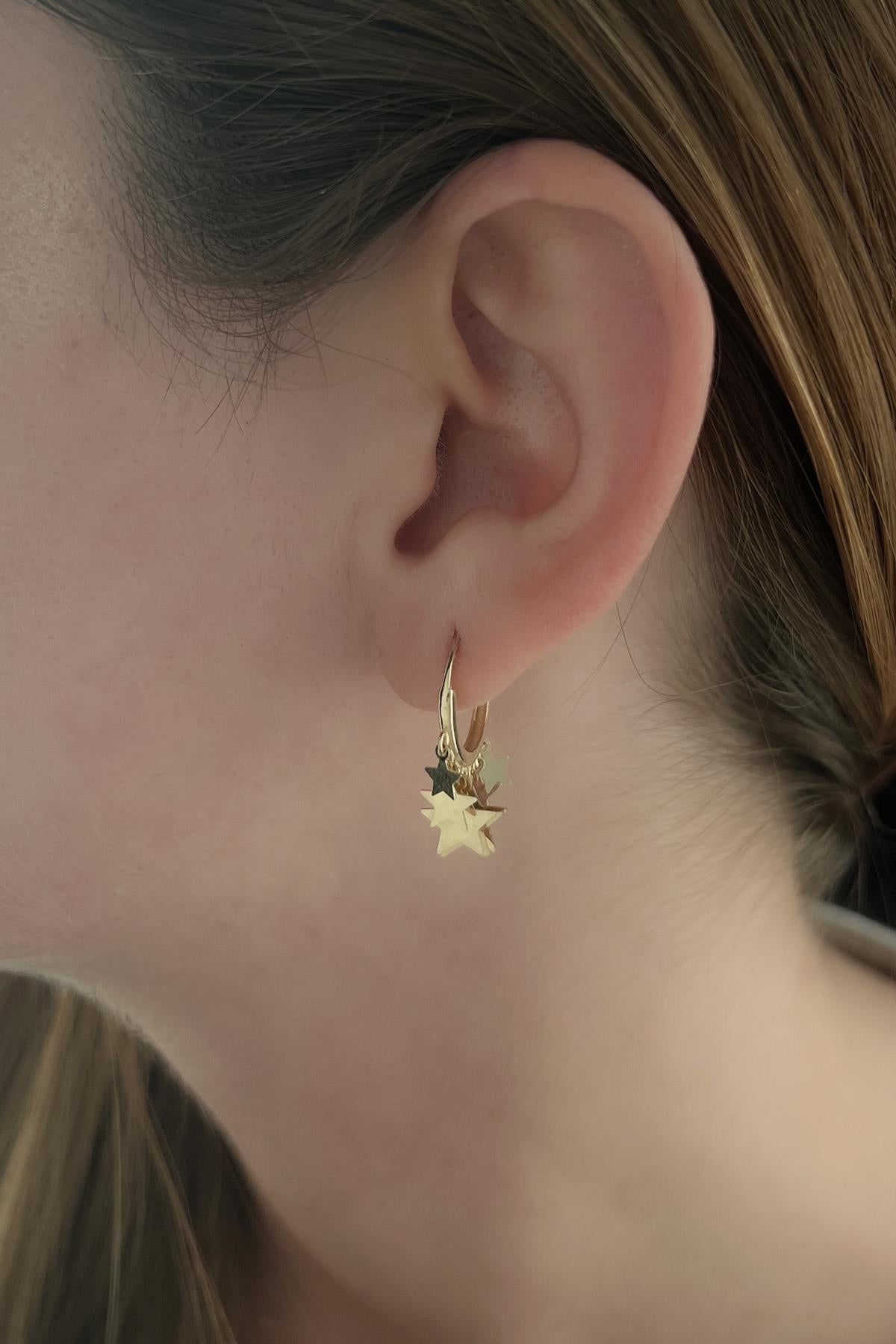 14K Gold Star Shape Dangle Huggie Earrings