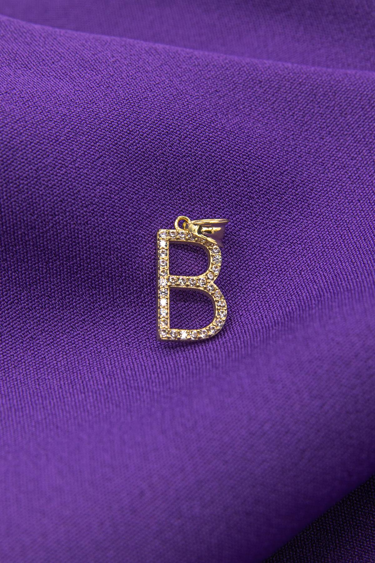 14K Gold Stone B Letter Charm
