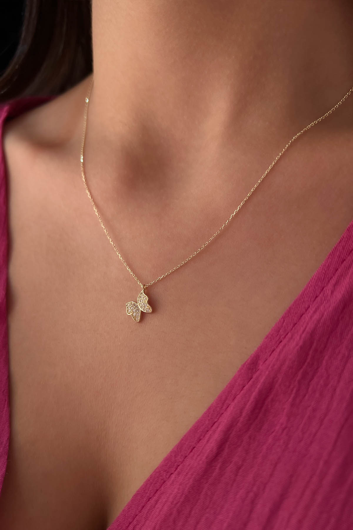 14K Gold Stone Butterfly Necklace