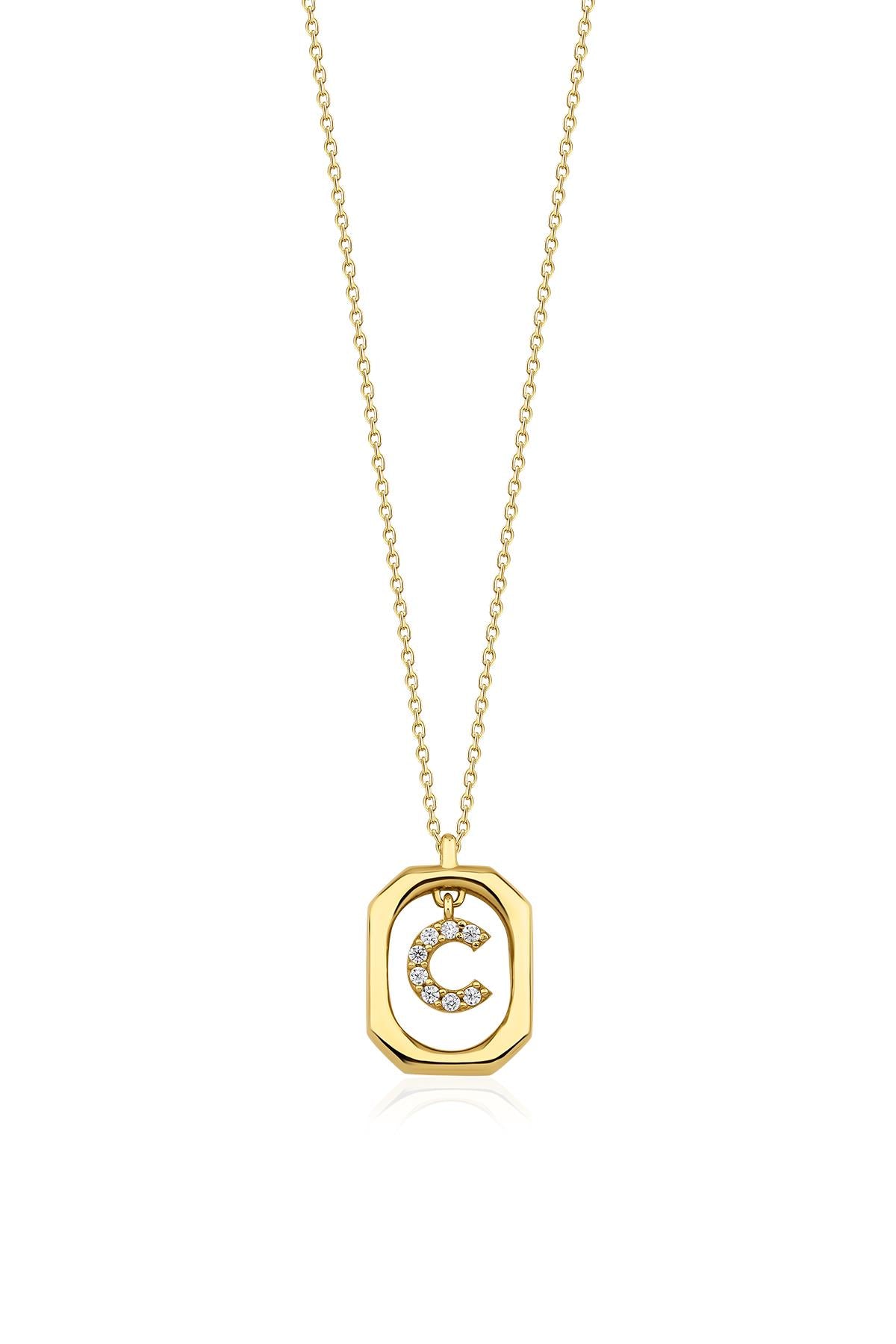 14K Gold Stone C Initial Necklace